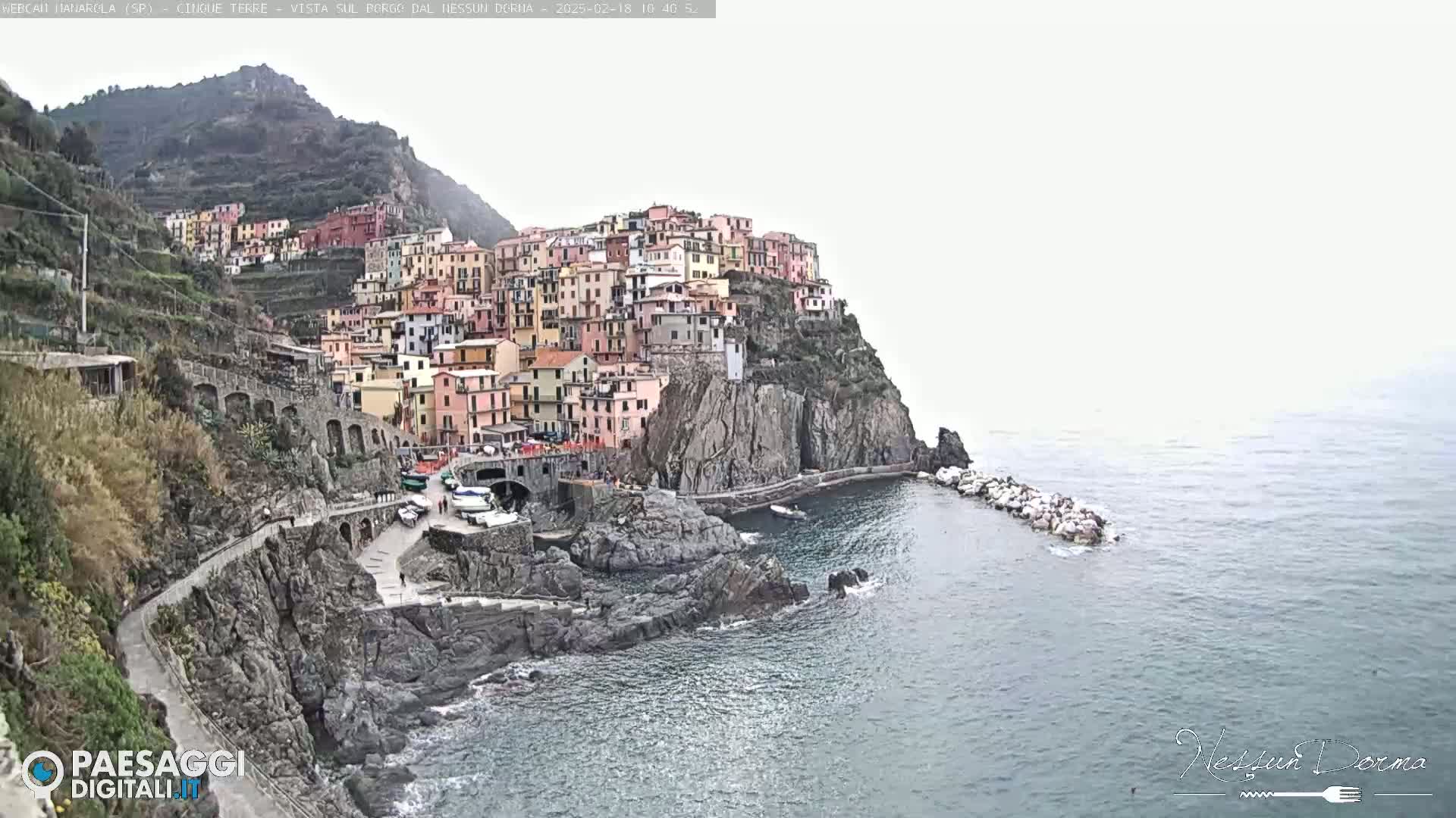 A colorful village clings to a steep cliffside overlooking a calm sea under an overcast sky.