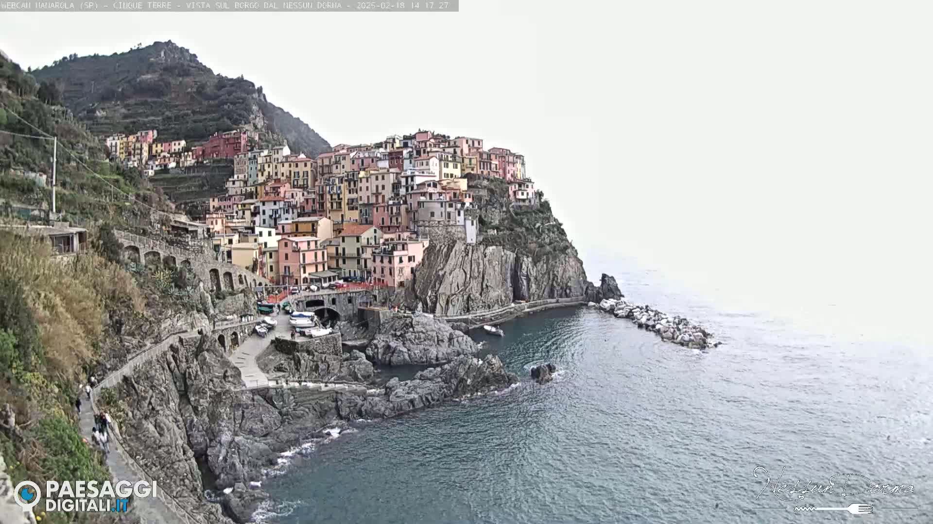 A colorful village clings to a steep cliffside overlooking a calm sea under an overcast sky.