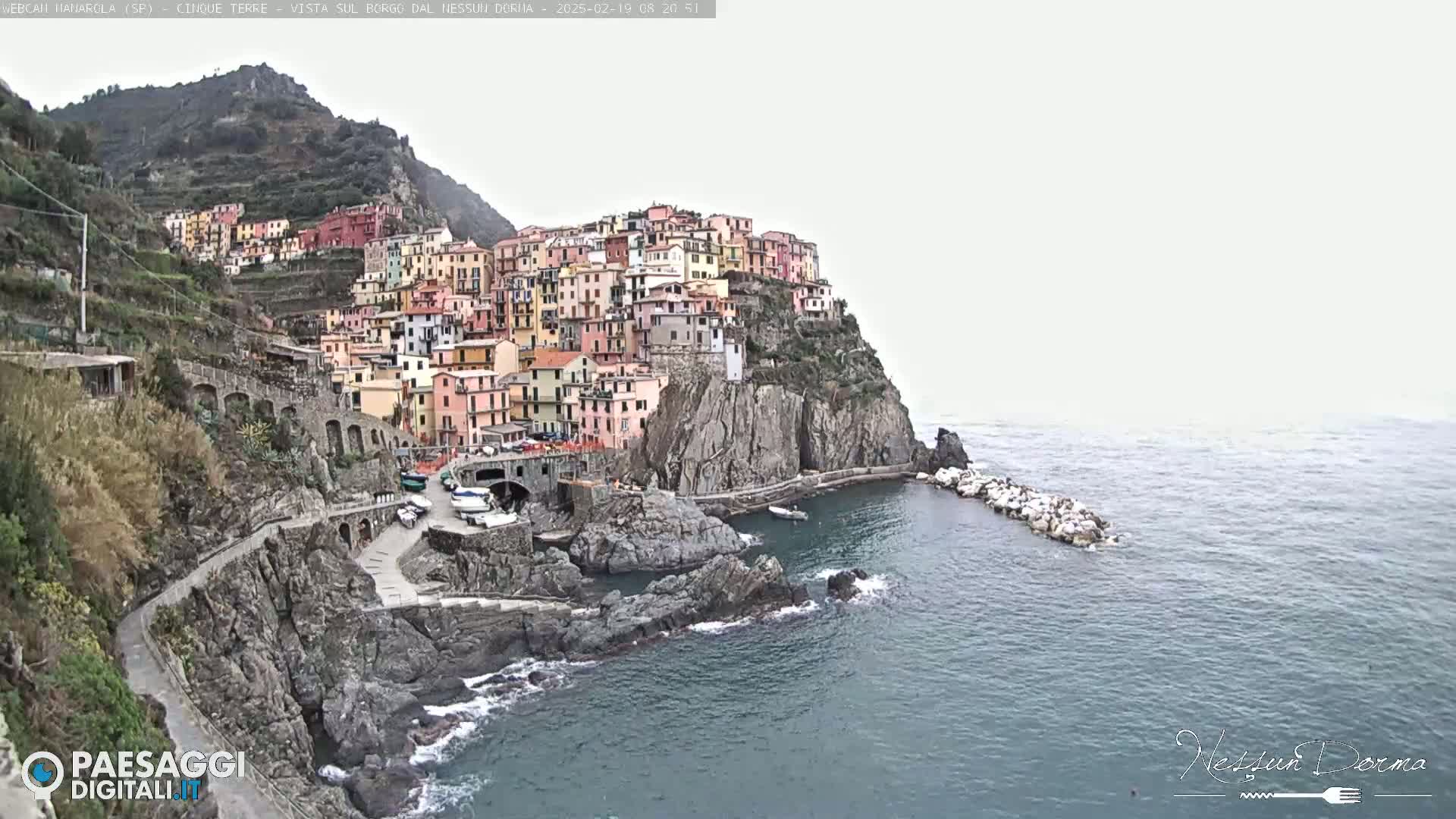 A colorful village clings to a steep cliffside overlooking a calm sea under an overcast sky.
