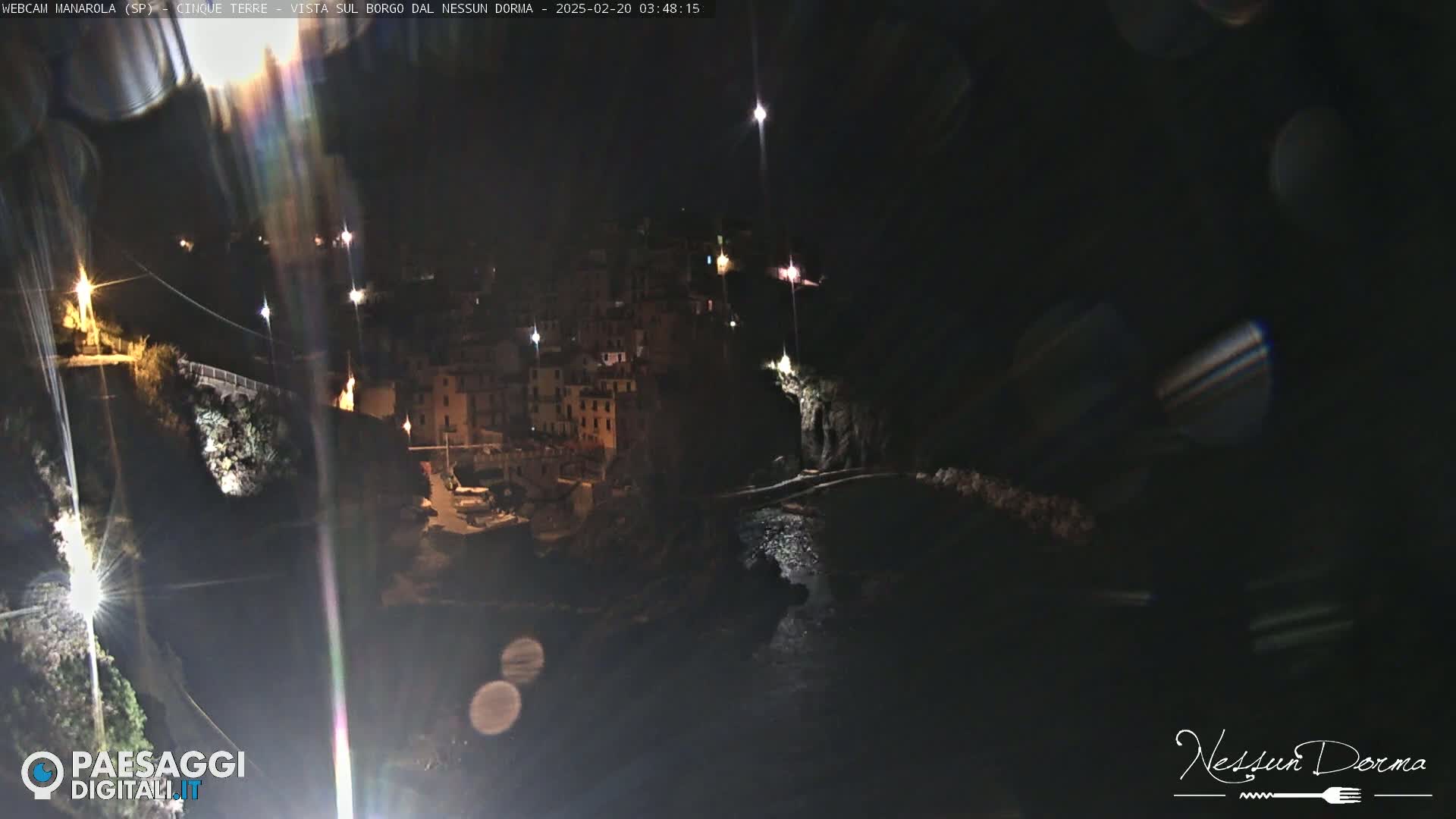 A nighttime, coastal village with buildings illuminated along a dark body of water.