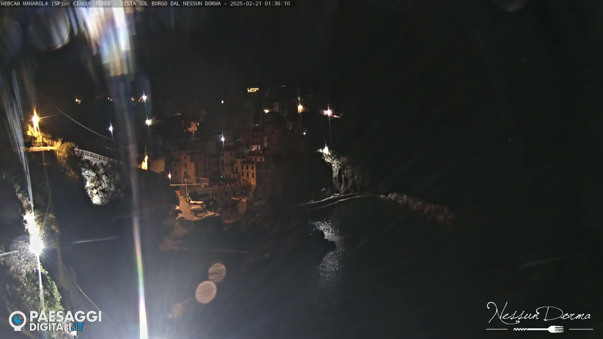 A nighttime view of a coastal town, illuminated by scattered lights, nestled against dark cliffs and a body of water.