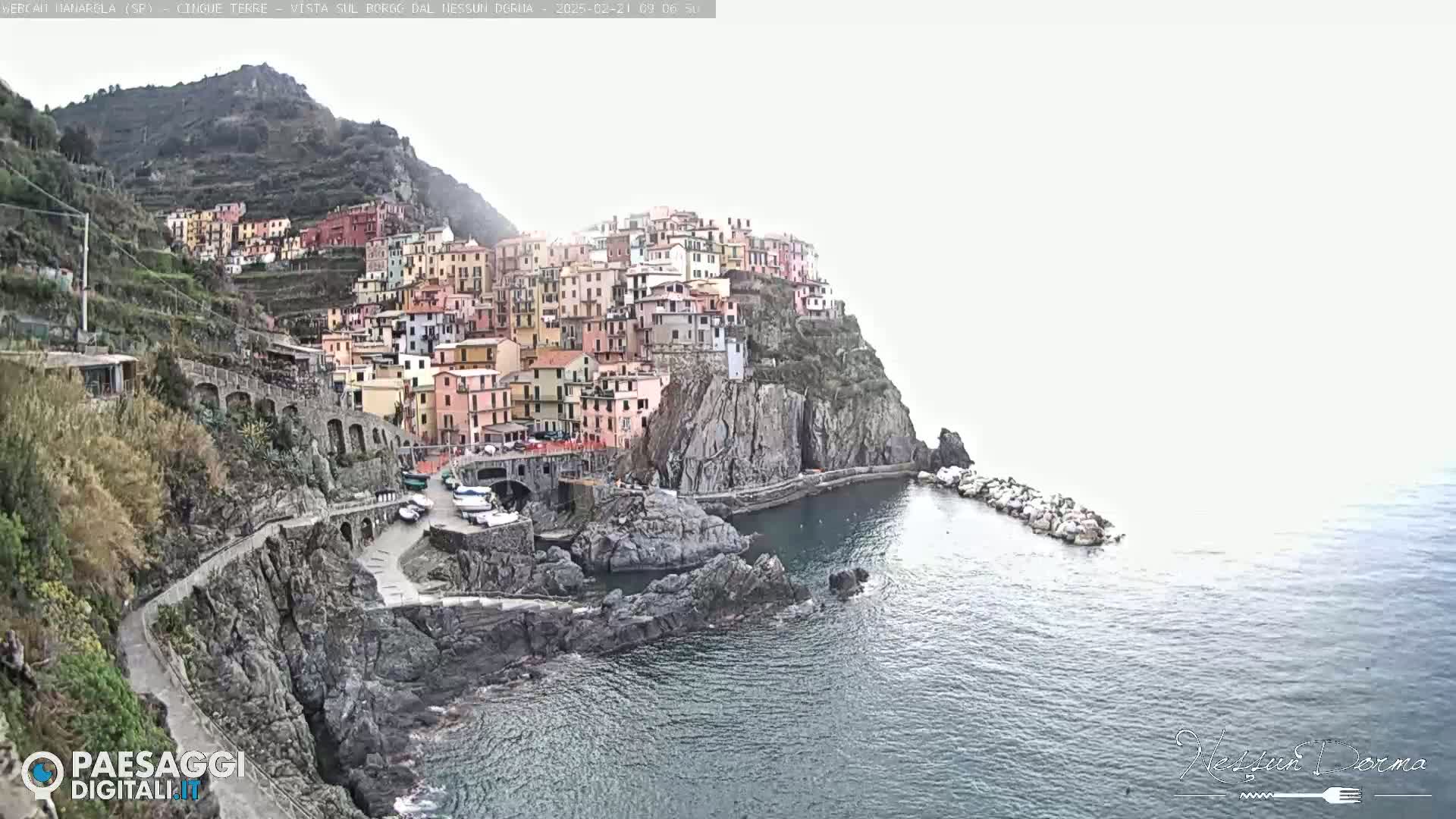 A colorful village clings to a steep cliffside overlooking a calm sea under an overcast sky.
