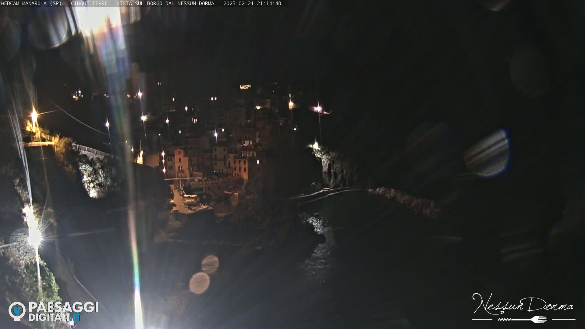 A nighttime, coastal village with illuminated buildings is nestled on a dark hillside next to a body of water.