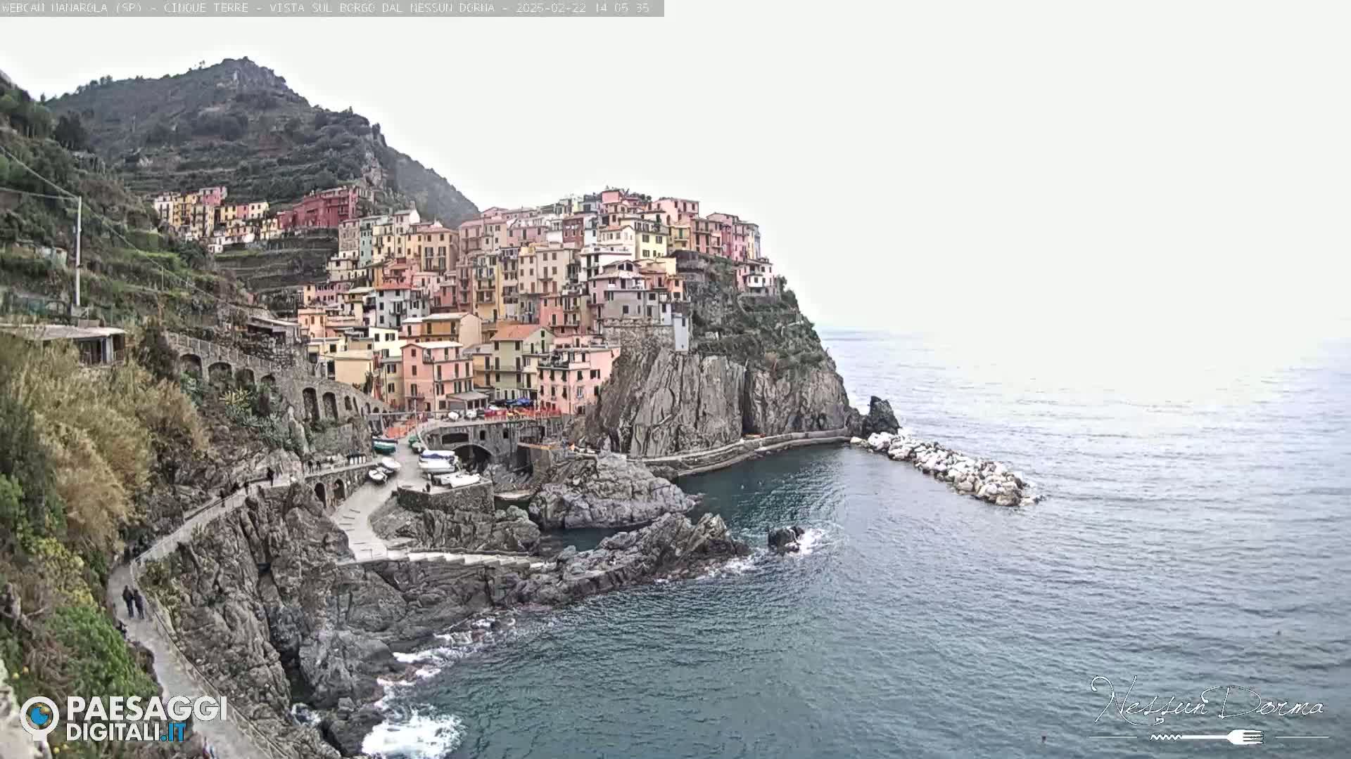 A colorful village clings to a steep cliffside overlooking a calm sea under an overcast sky.
