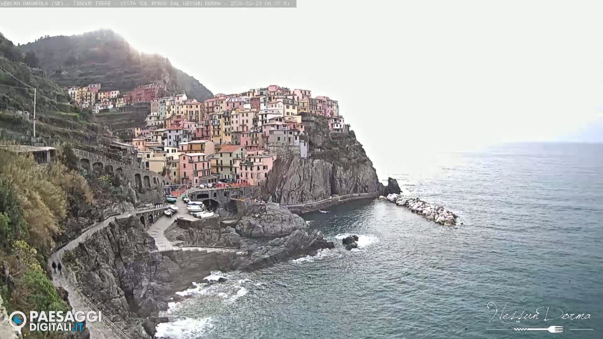 A colorful village clings to a steep cliffside overlooking a calm sea under an overcast sky.
