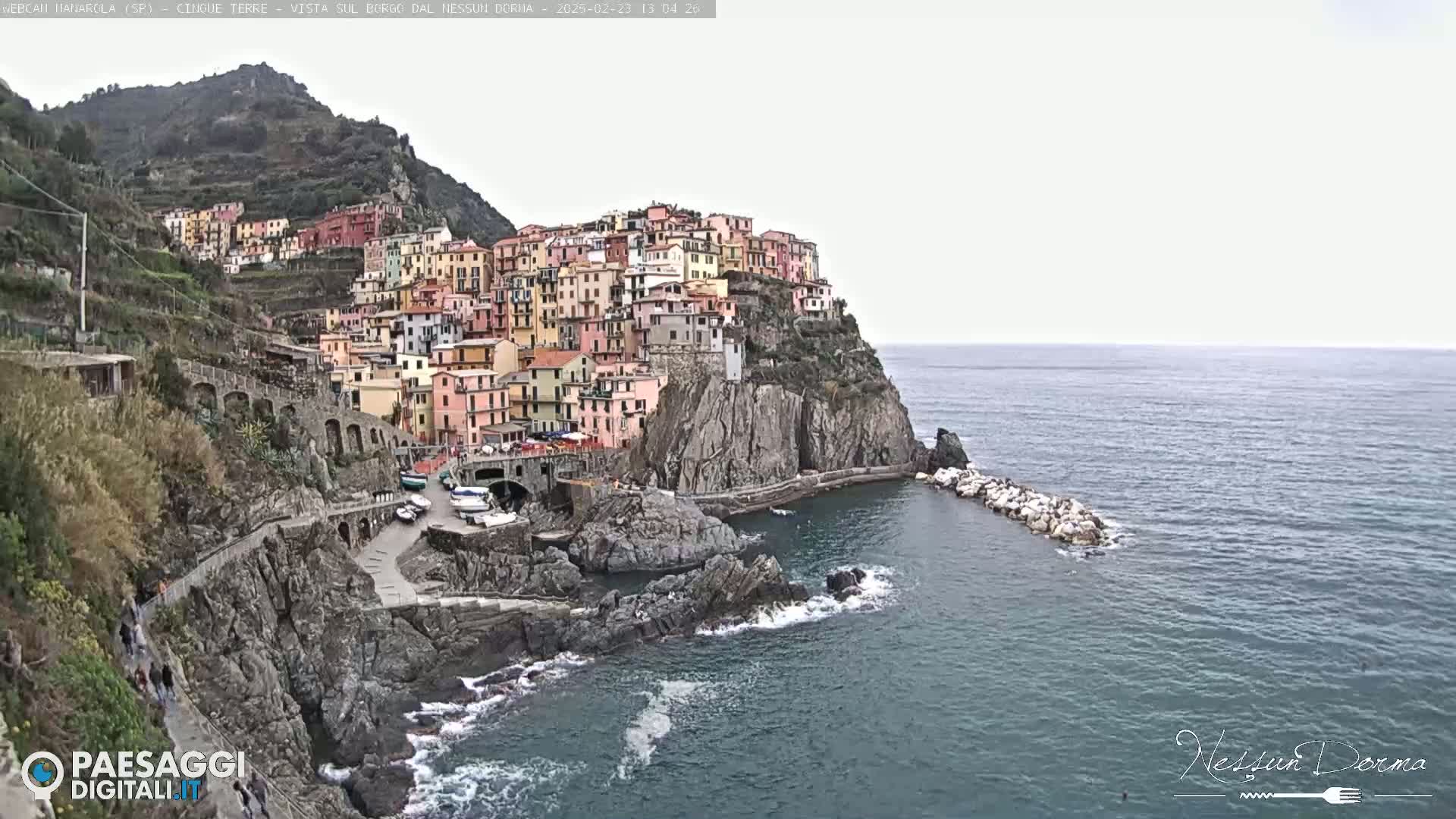A colorful village clings to a rocky cliffside overlooking a calm sea under an overcast sky.