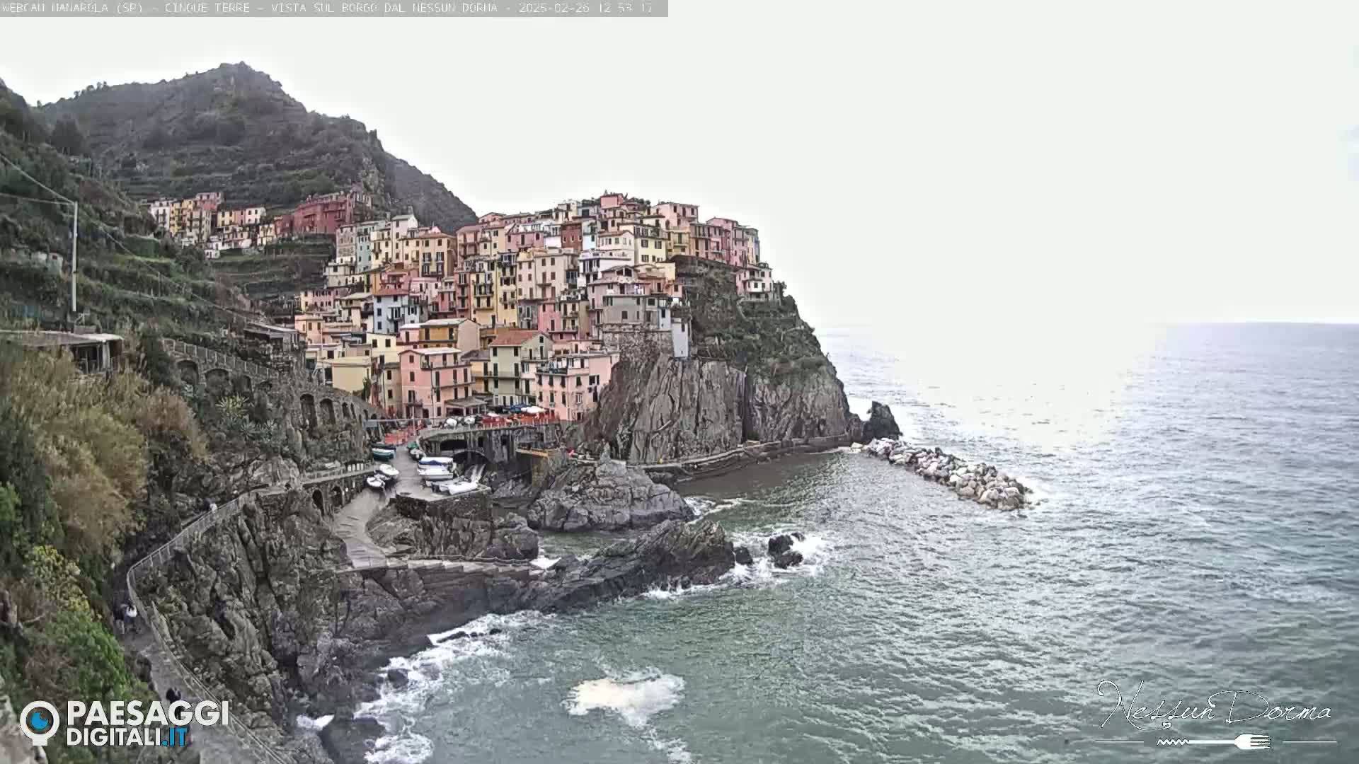A colorful village clings to a steep cliffside overlooking a choppy sea under an overcast sky.
