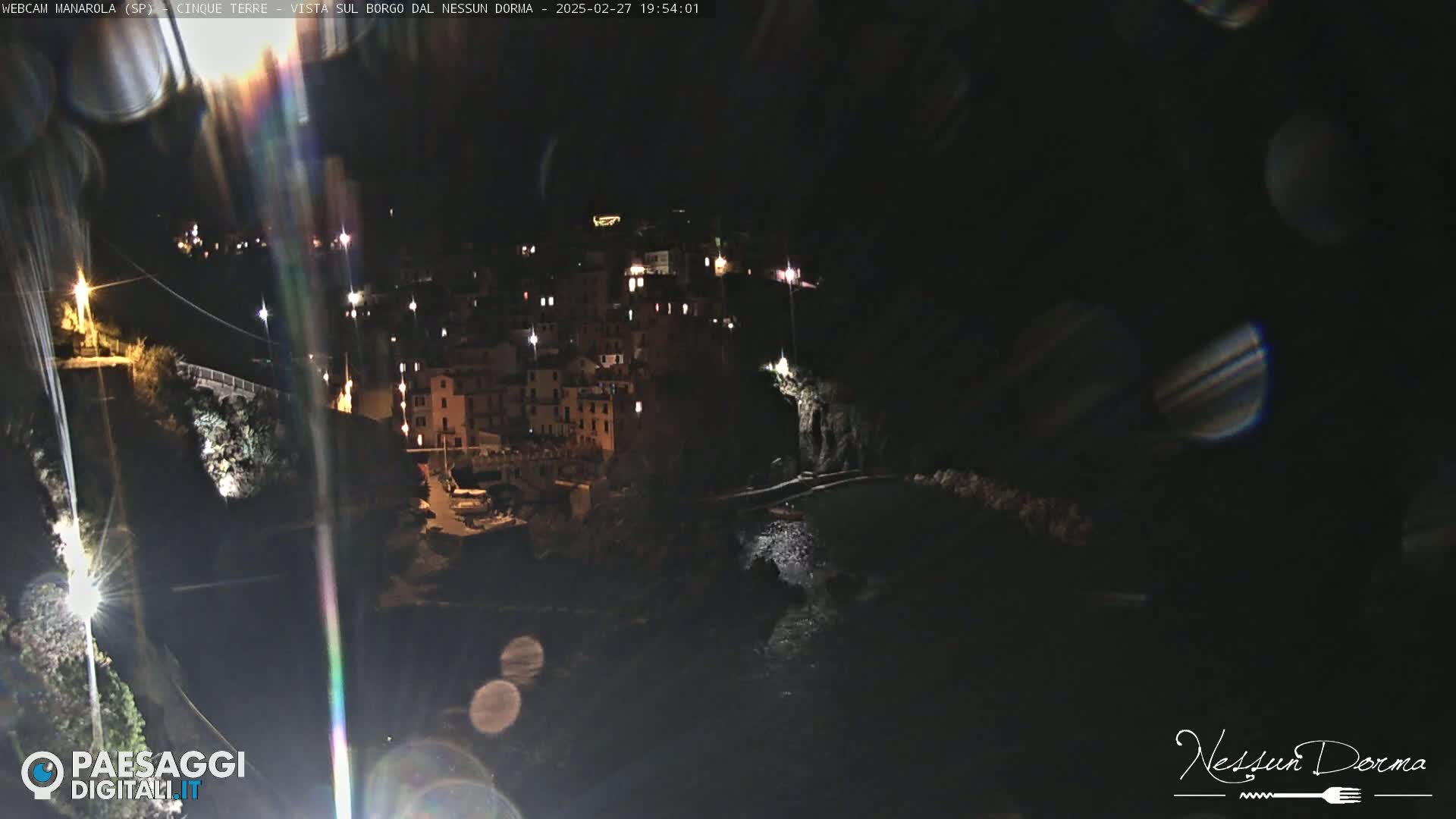 A nighttime, high-angle view of a coastal village with illuminated buildings nestled against a dark cliffside next to a body of water.