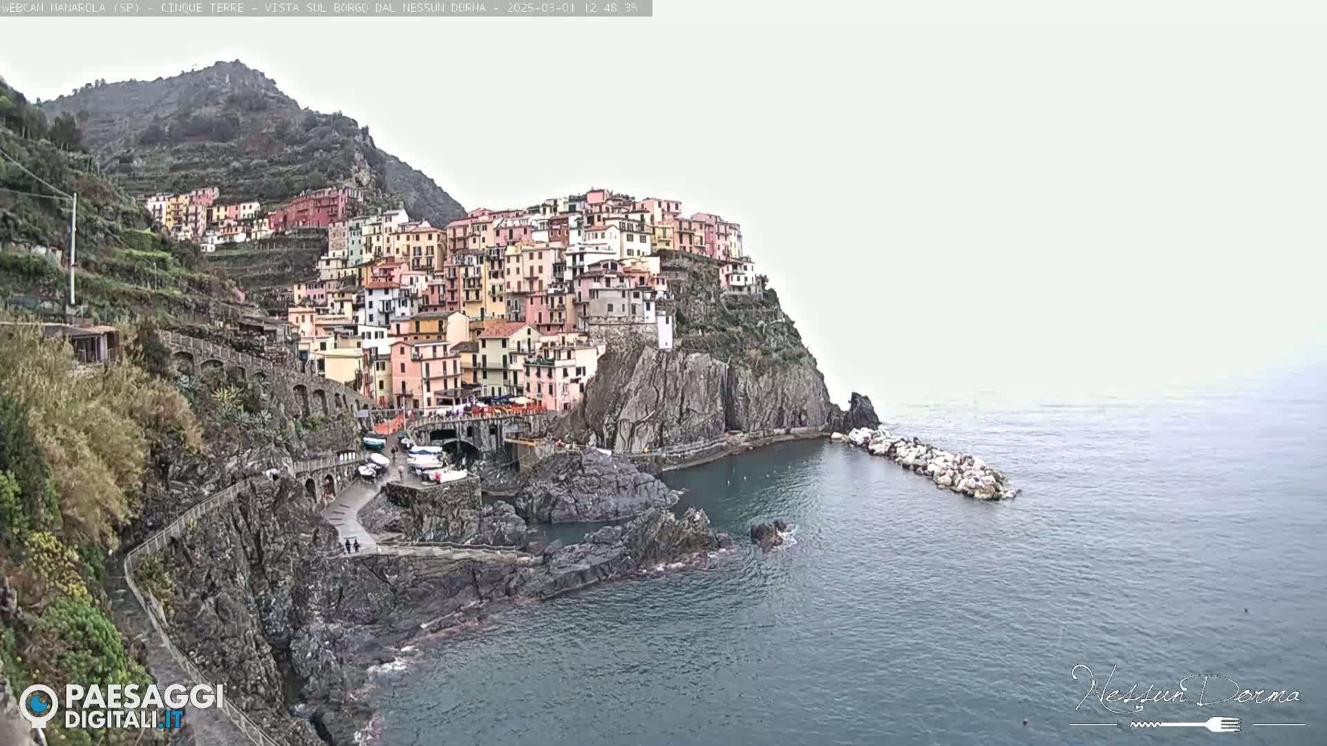 A colorful village clings to a steep, rocky cliffside overlooking a calm sea under an overcast sky.