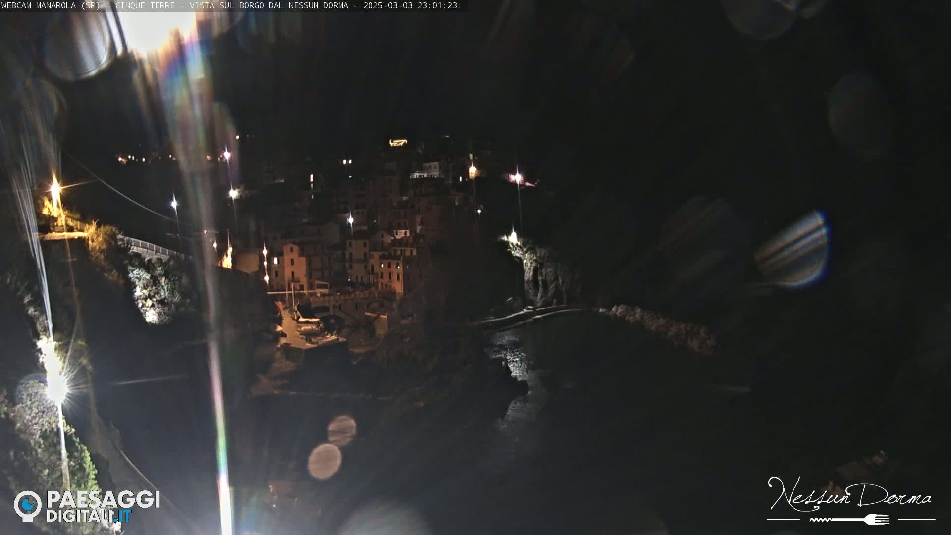 A nighttime, long shot of a coastal town illuminated by streetlights, nestled between dark cliffs and a calm body of water.