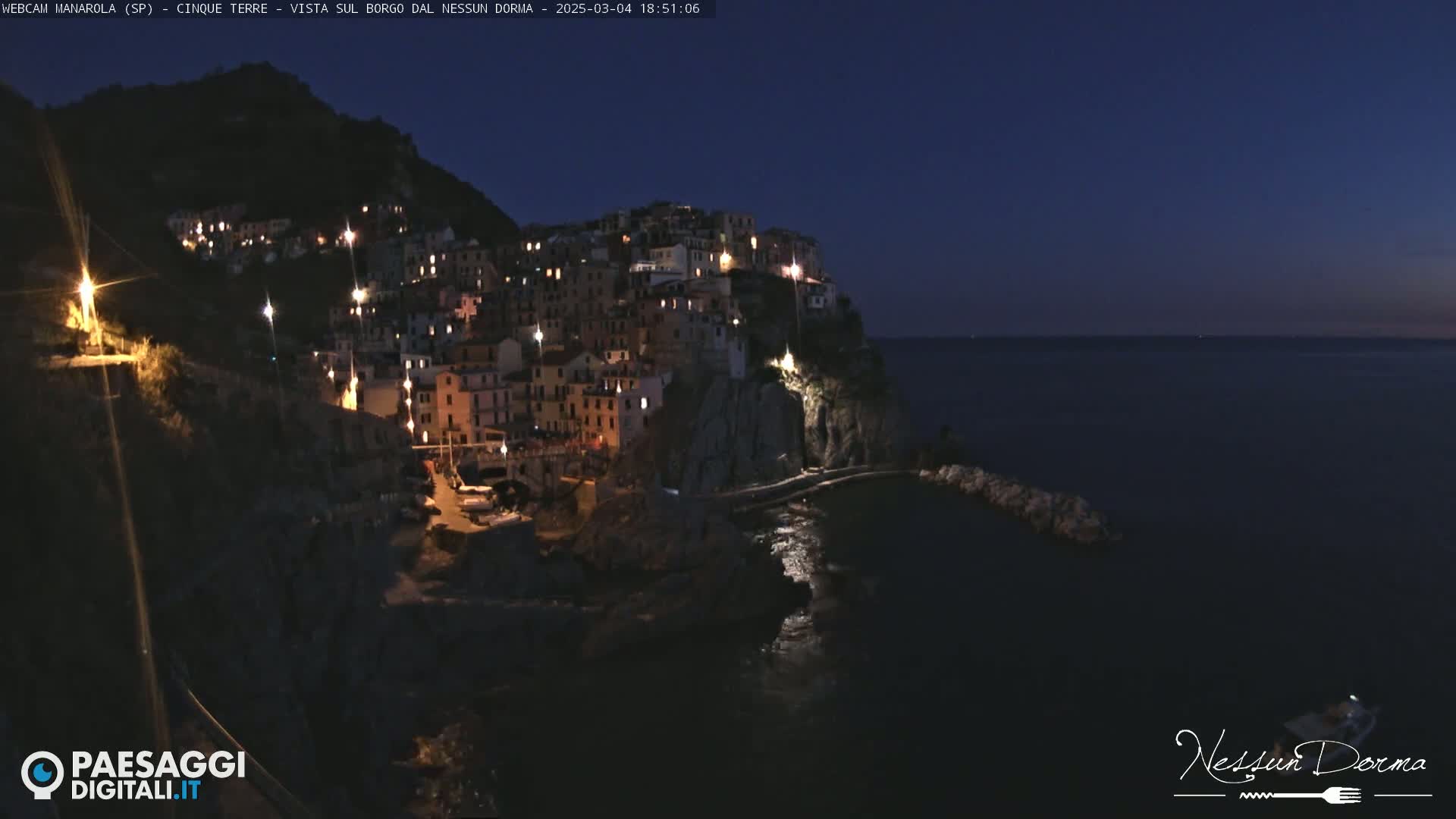 A nighttime view of a brightly lit coastal village nestled on a dark cliffside overlooking a calm, dark sea.