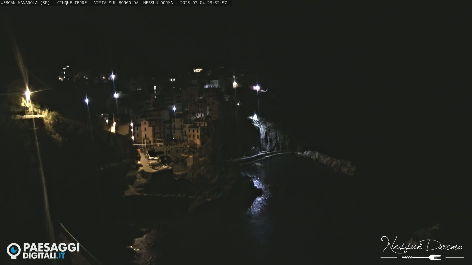 A nighttime view of a coastal town nestled on a cliffside overlooking a dark body of water.