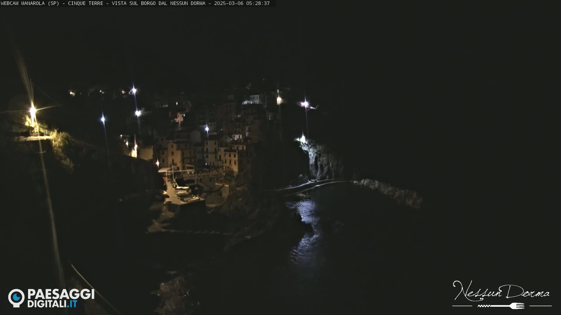 A nighttime, coastal village is illuminated by scattered lights, nestled against dark cliffs beside a calm body of water.