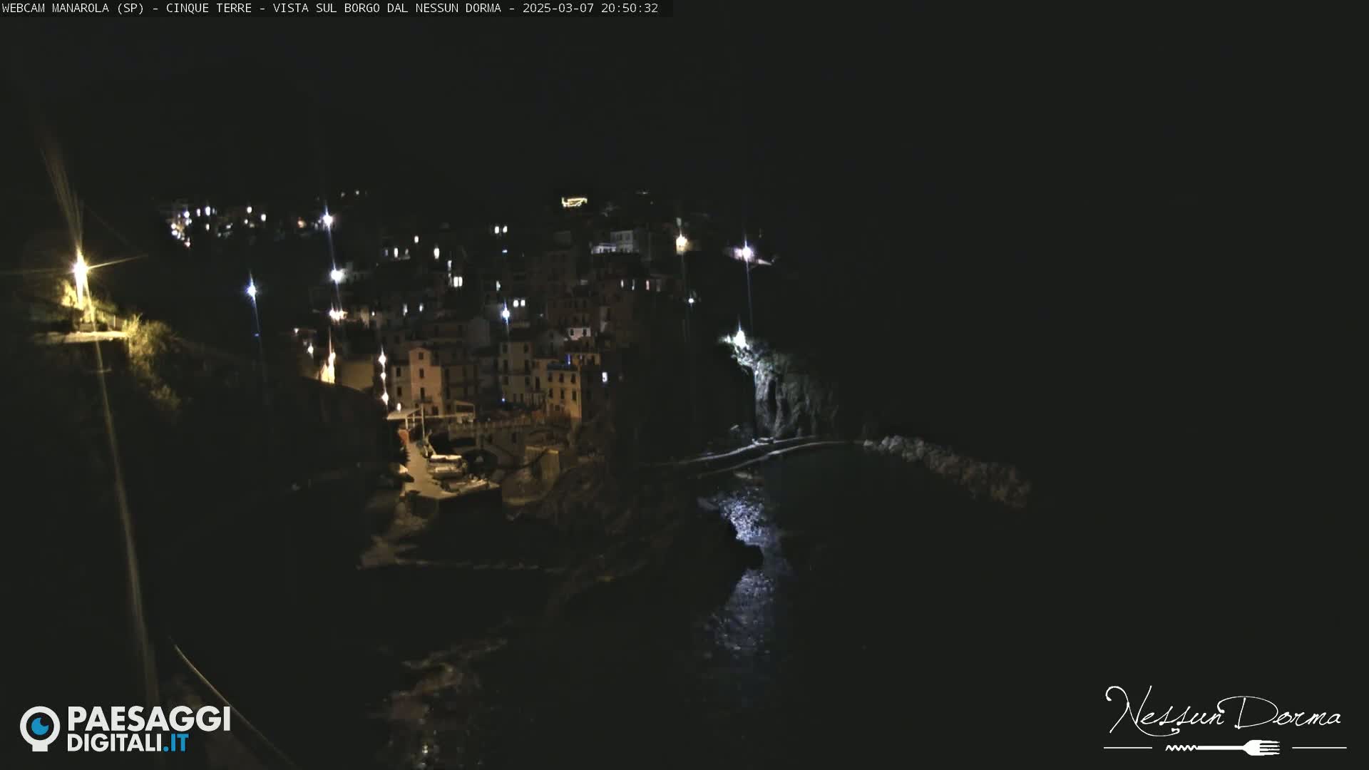A nighttime, aerial view of a coastal town with buildings illuminated by lights, overlooking a dark body of water.