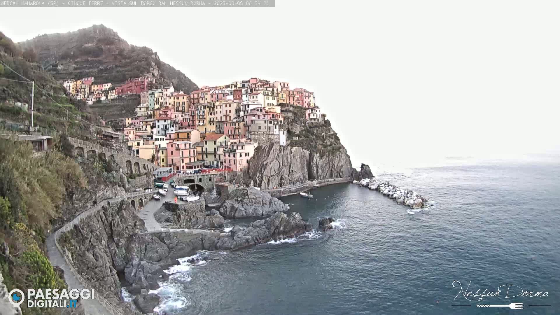 A colorful village clings to a steep cliffside overlooking a calm sea under an overcast sky.