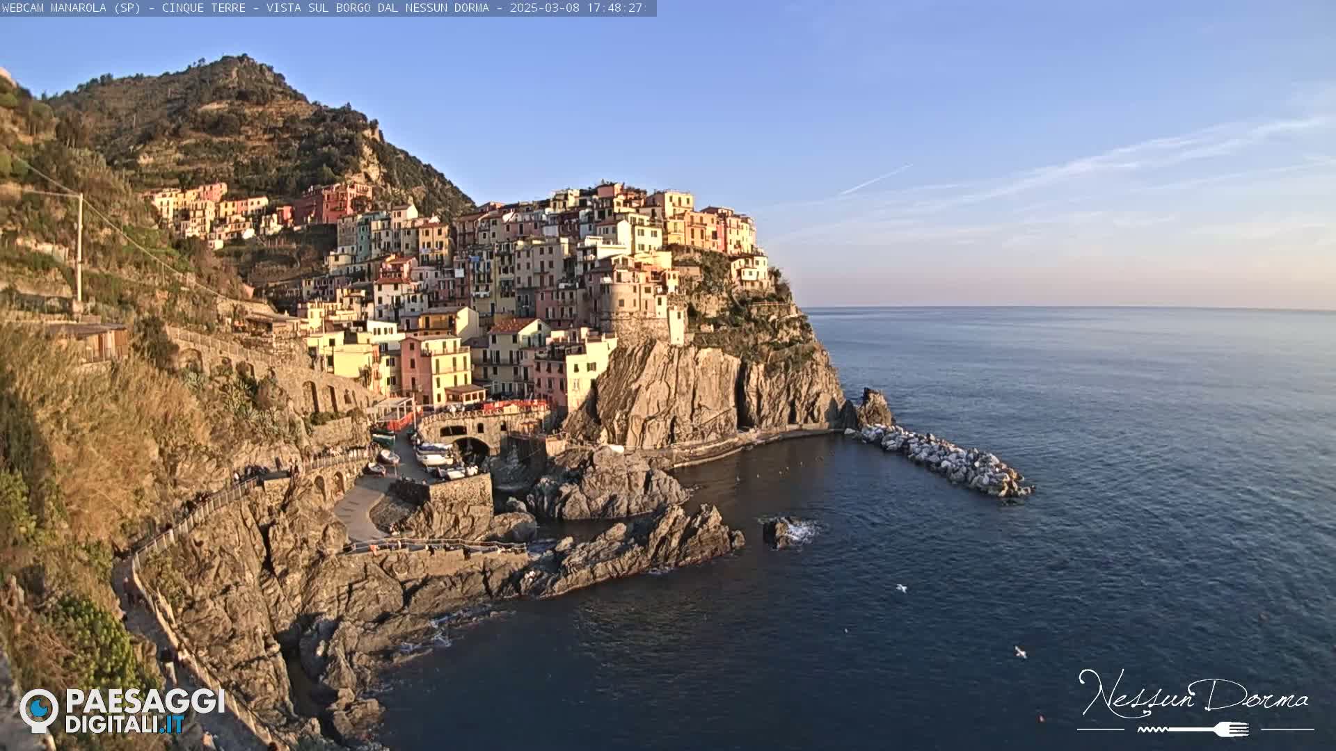 A colorful village clings to a rocky cliffside overlooking a calm, blue sea under a clear sky.