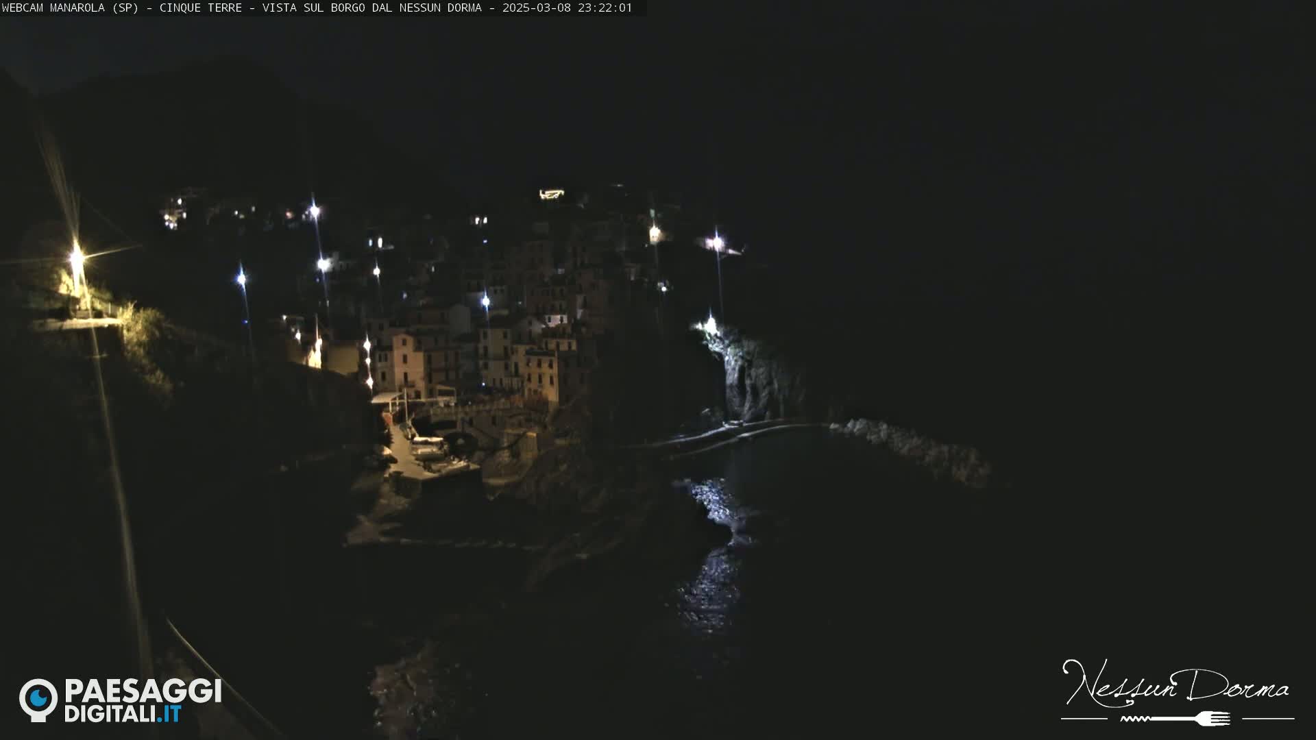A nighttime view of a coastal town, illuminated by lights, with dark water below.