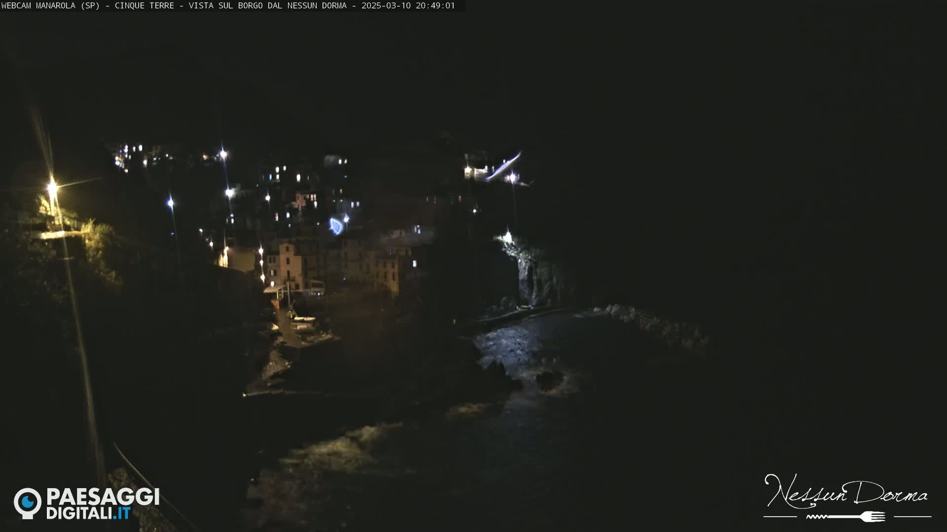 A nighttime, high-angle view shows a coastal town with lights illuminating buildings and a dark body of water with visible waves.