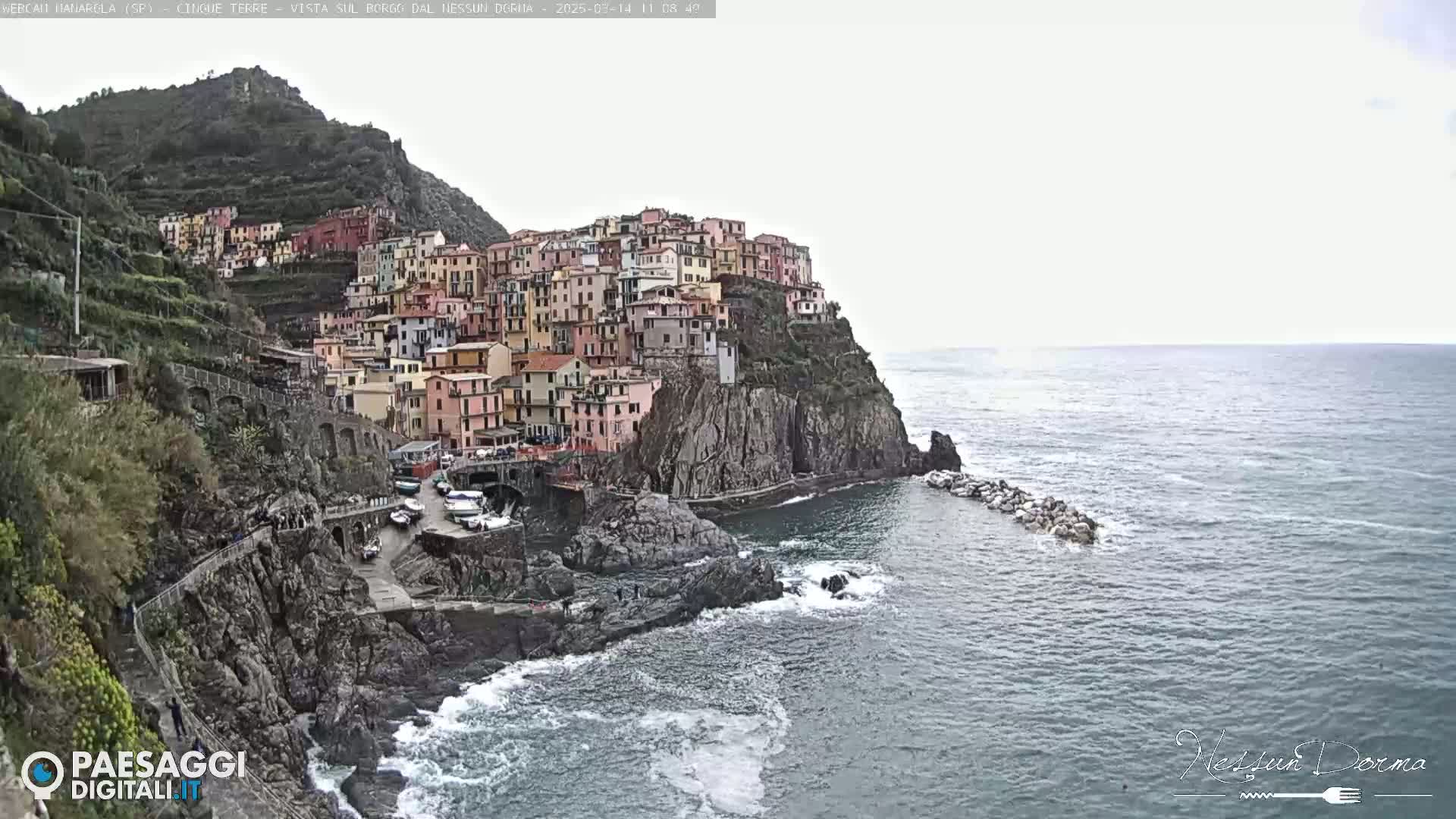 A colorful village clings to a steep cliffside overlooking a calm sea under an overcast sky.