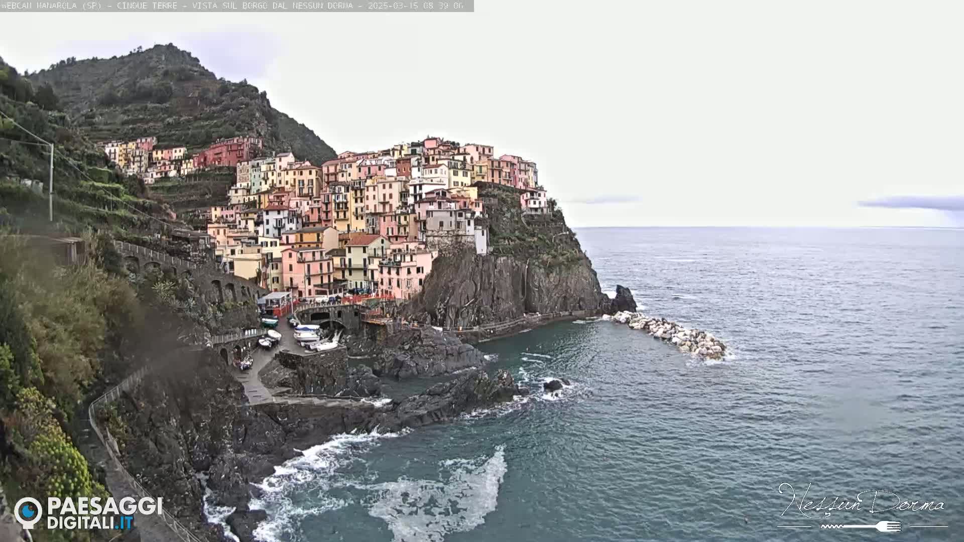 A colorful village clings to a steep cliffside overlooking a calm sea under an overcast sky.
