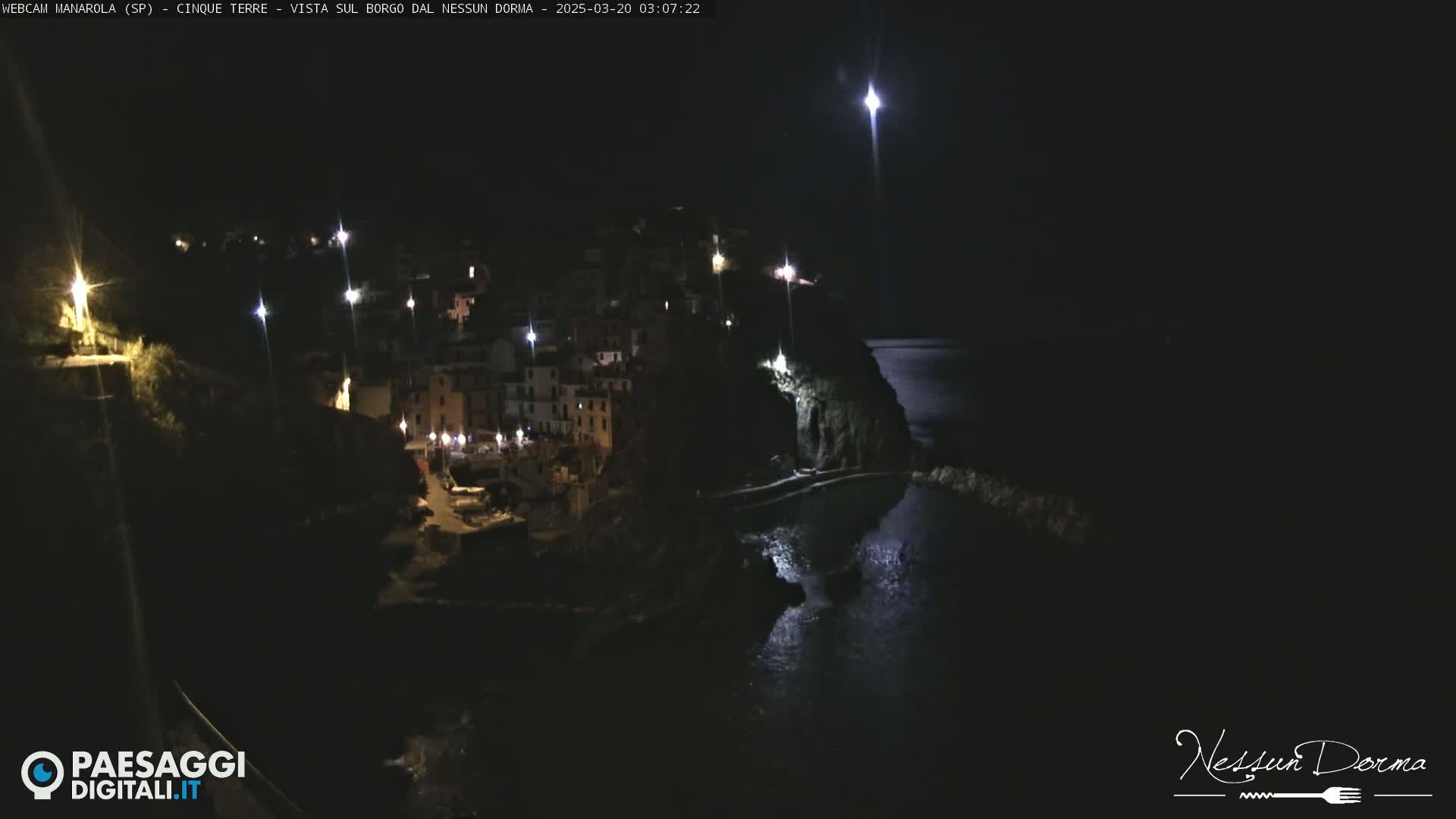 A nighttime view of a coastal village with buildings lit up on a dark cliffside overlooking calm water under a clear night sky.