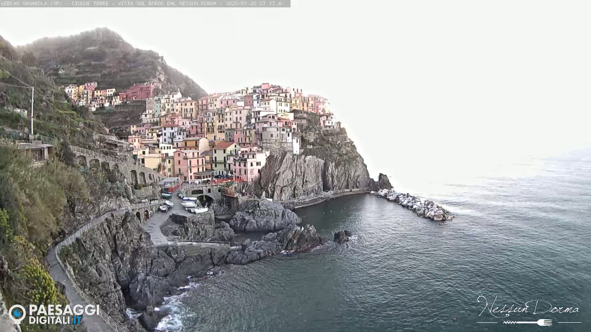 A colorful village clings to a steep cliffside overlooking a calm sea under an overcast sky.