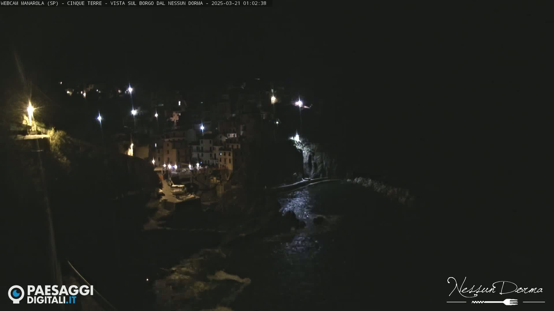 A nighttime view of a coastal town with dimly lit buildings and a dark body of water.