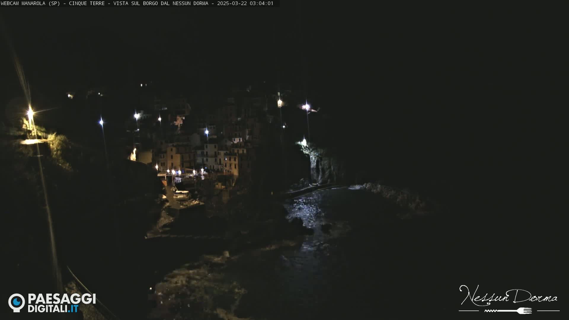A nighttime, coastal village with sparsely lit buildings is situated on a dark cliffside overlooking a body of water.