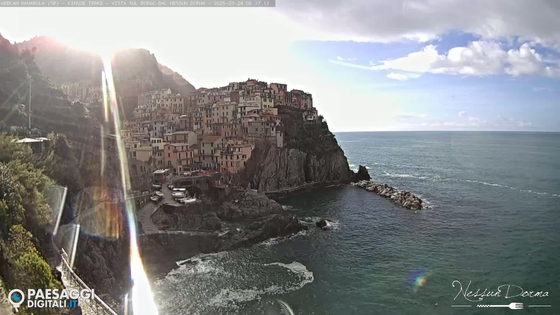 A sun-drenched coastal village clings to a rocky cliffside overlooking a calm sea under a partly cloudy sky.