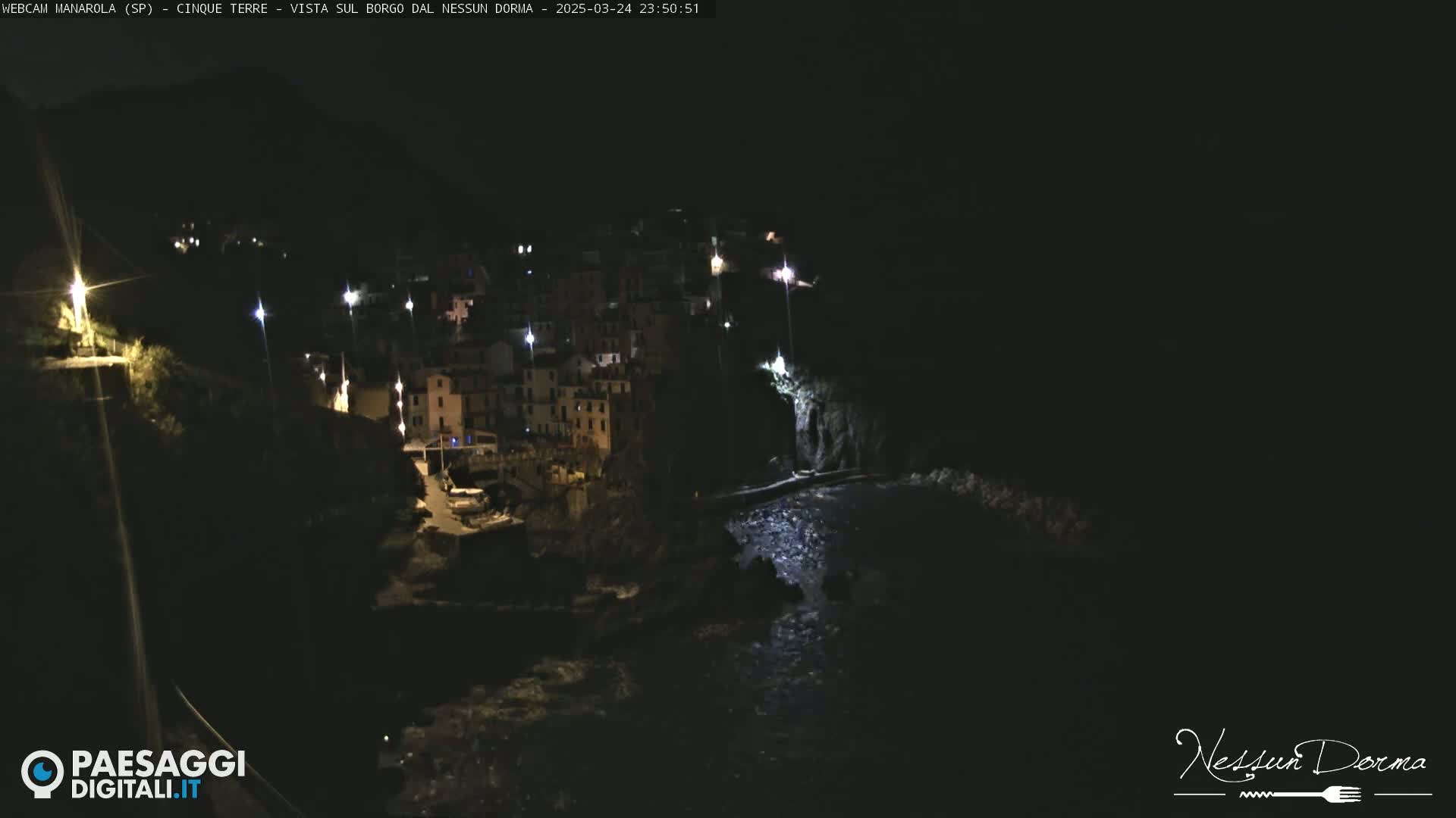 A coastal village at night with its lights illuminated, nestled against a dark hillside next to a body of water.
