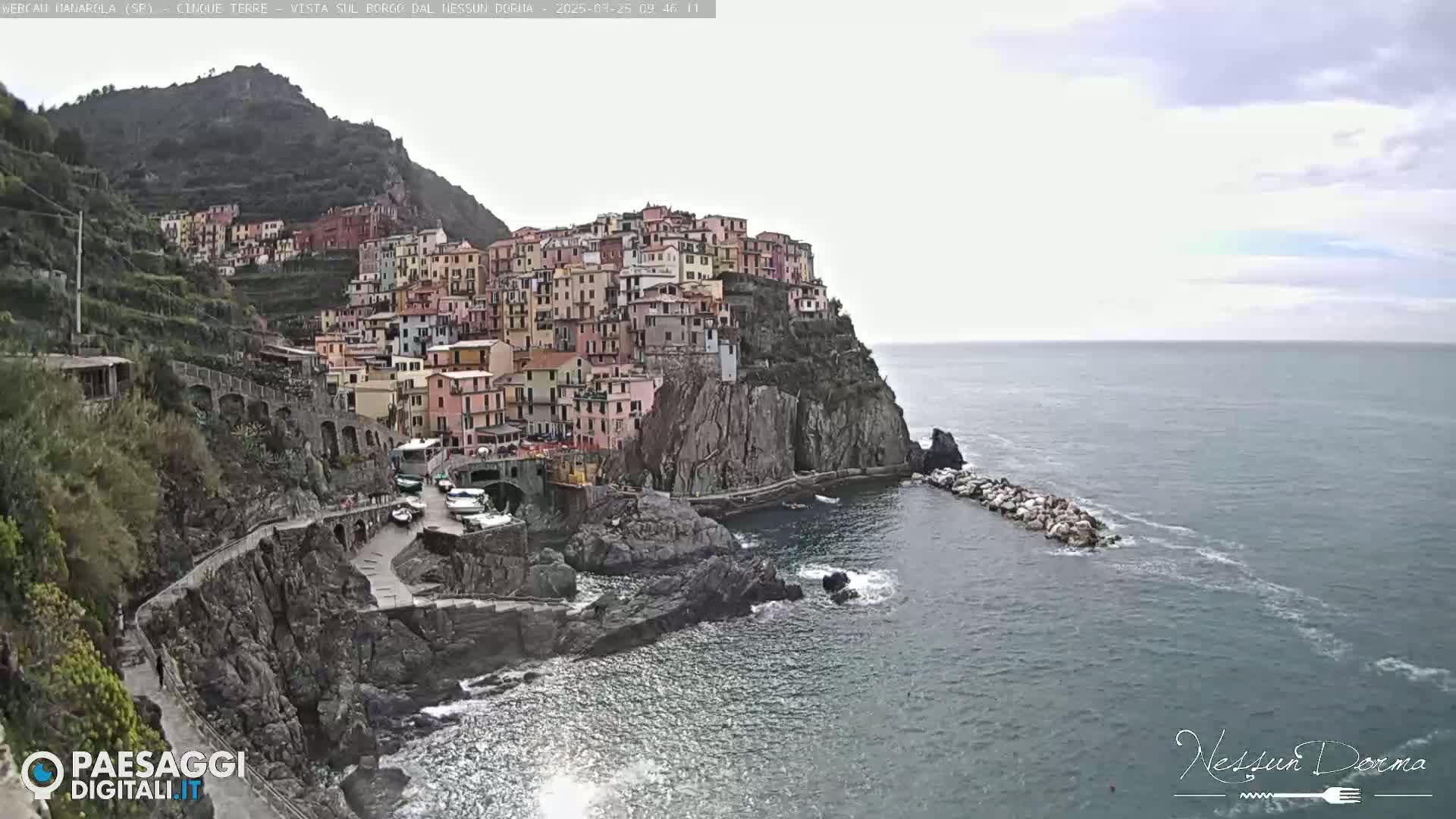 A colorful village clings to a steep cliffside overlooking a calm sea under an overcast sky.