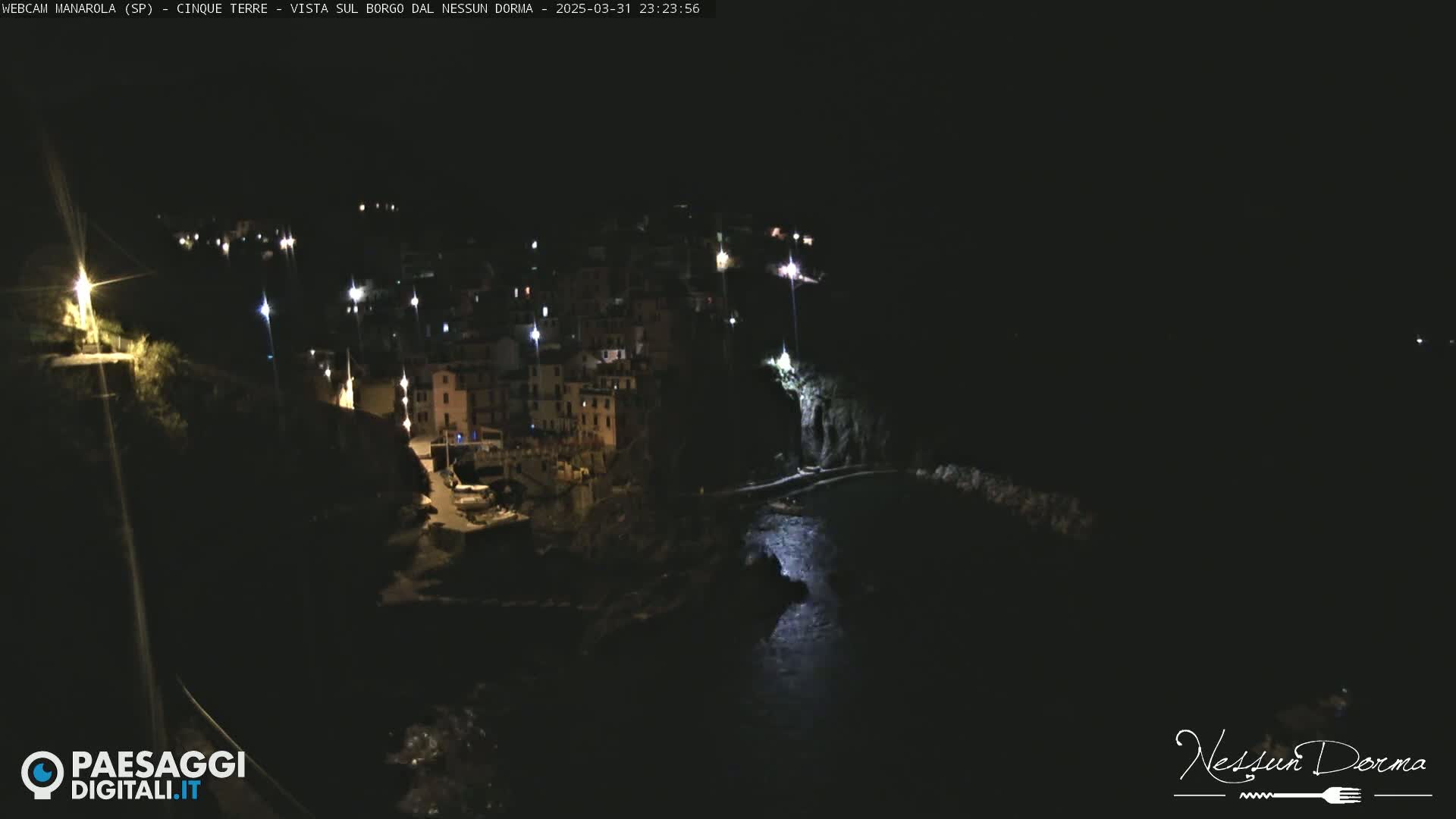 A nighttime, coastal village with buildings illuminated by lights sits on a dark cliffside next to a body of dark water.
