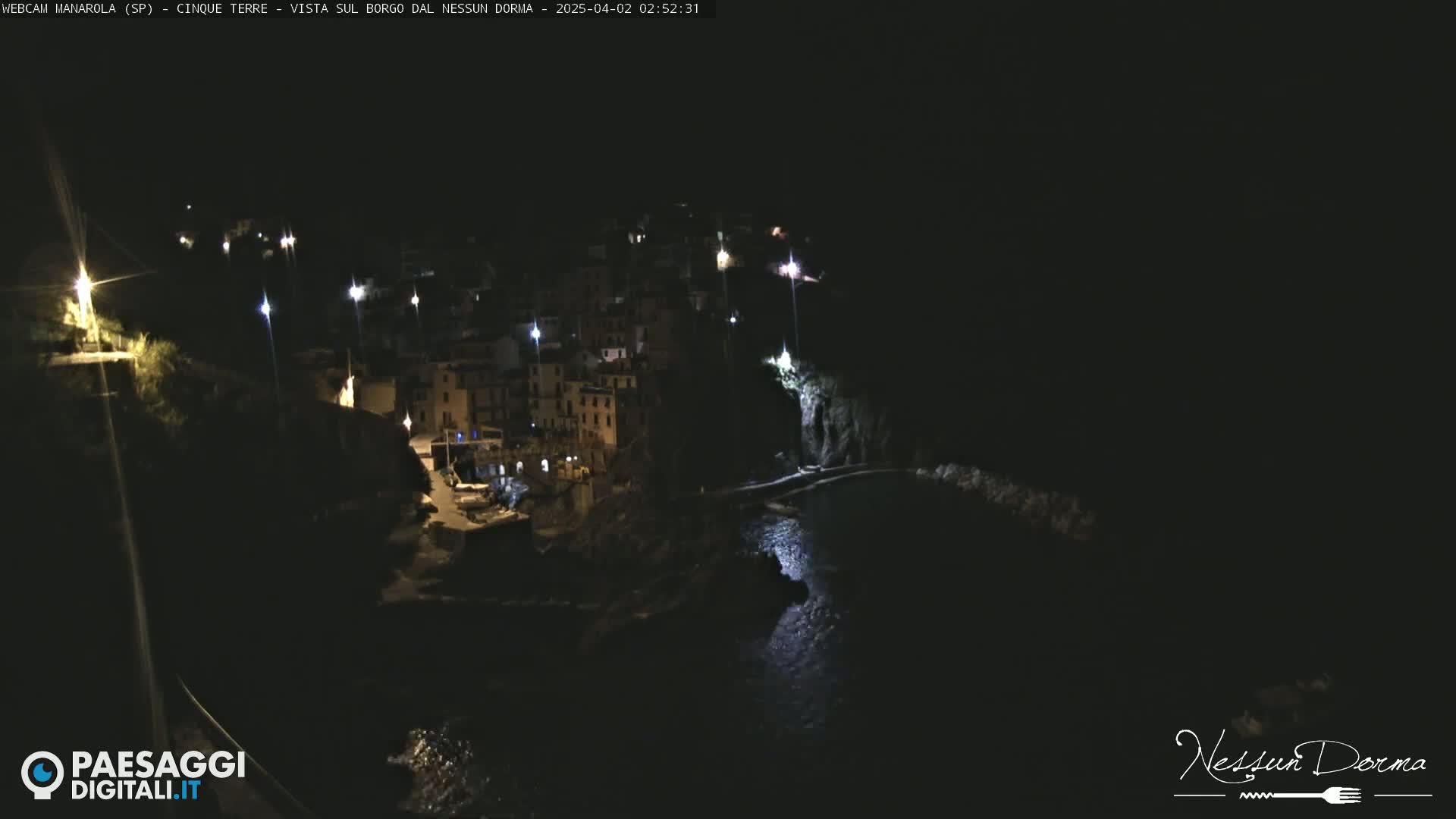 A nighttime view of a coastal town, illuminated by scattered lights, with dark water visible below.
