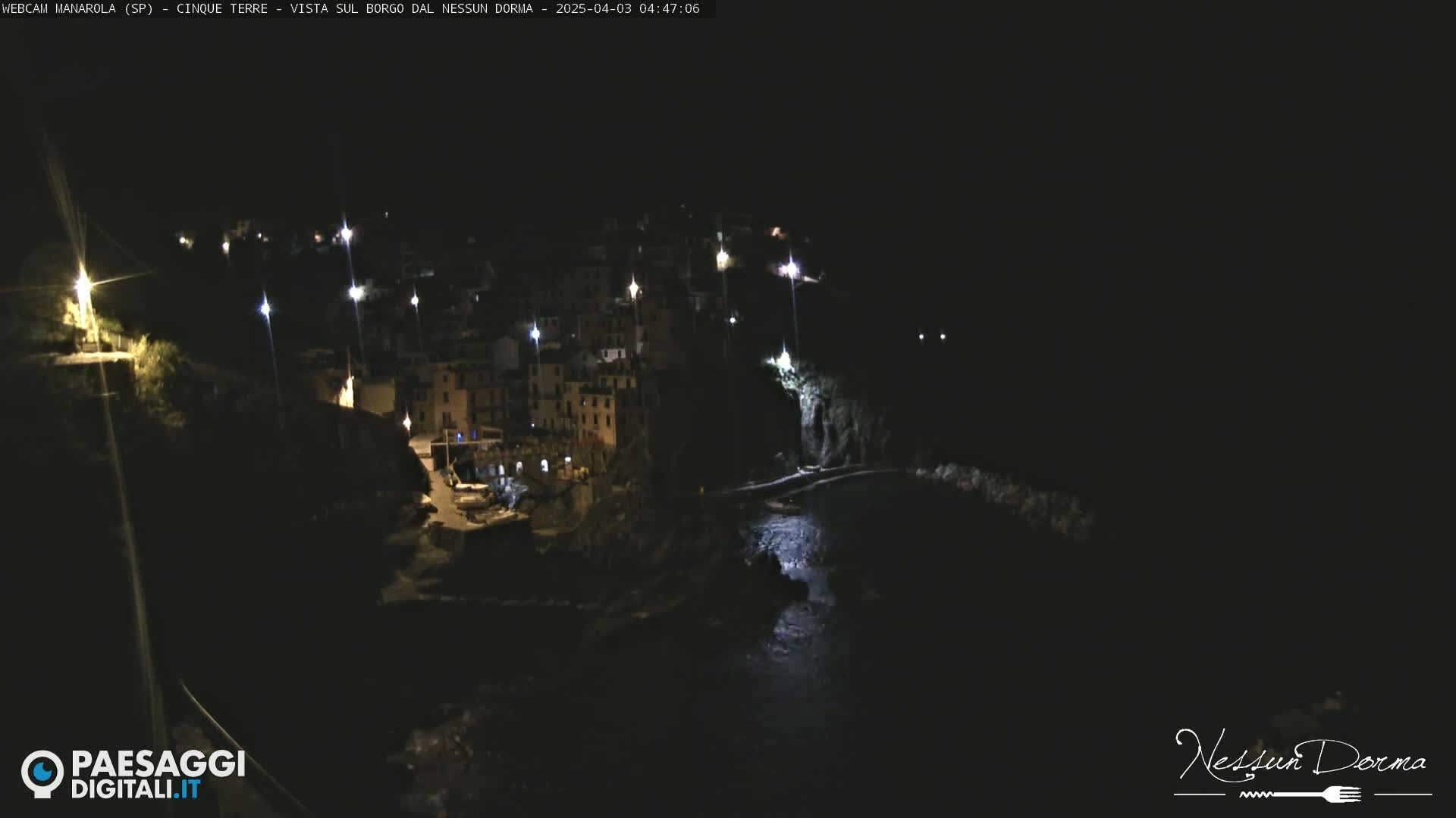 A nighttime, aerial view shows a coastal town with lights illuminating buildings and a dark body of water.