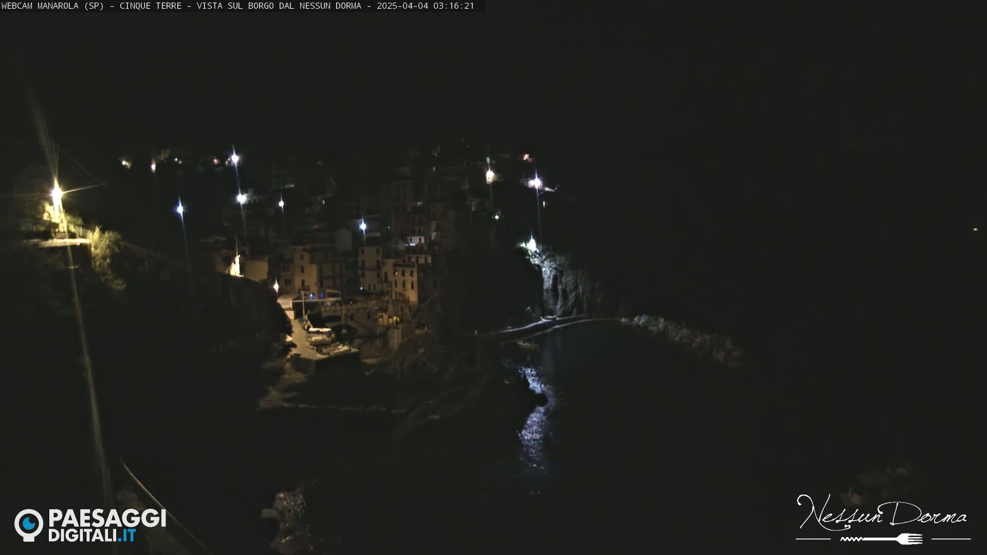 A nighttime, seaside village clings to a dark cliffside, illuminated by scattered lights.
