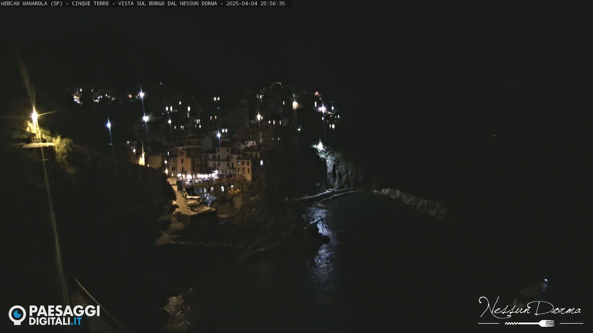 A nighttime, aerial view shows a coastal village with illuminated buildings nestled on a dark hillside next to a calm body of water.