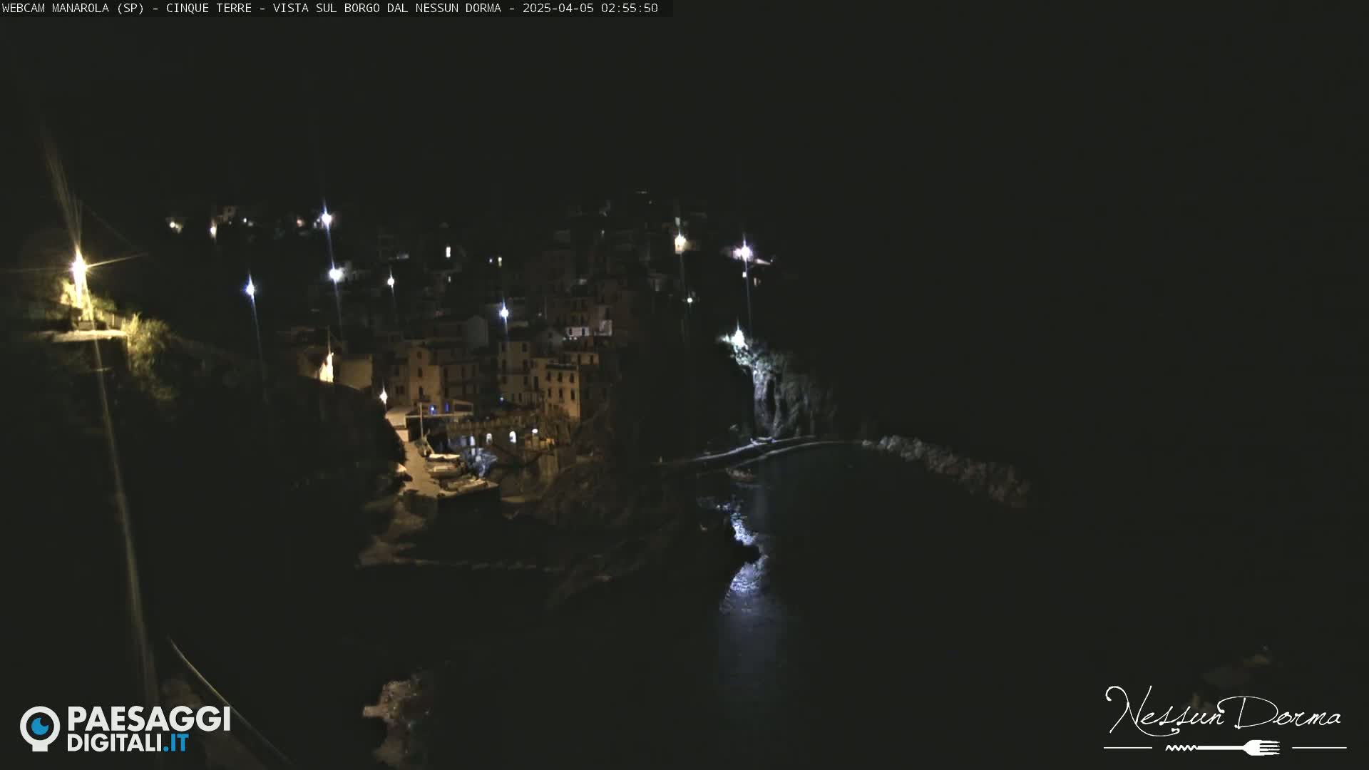 A nighttime, low-angle view of a coastal village illuminated by scattered lights, with dark water visible below.