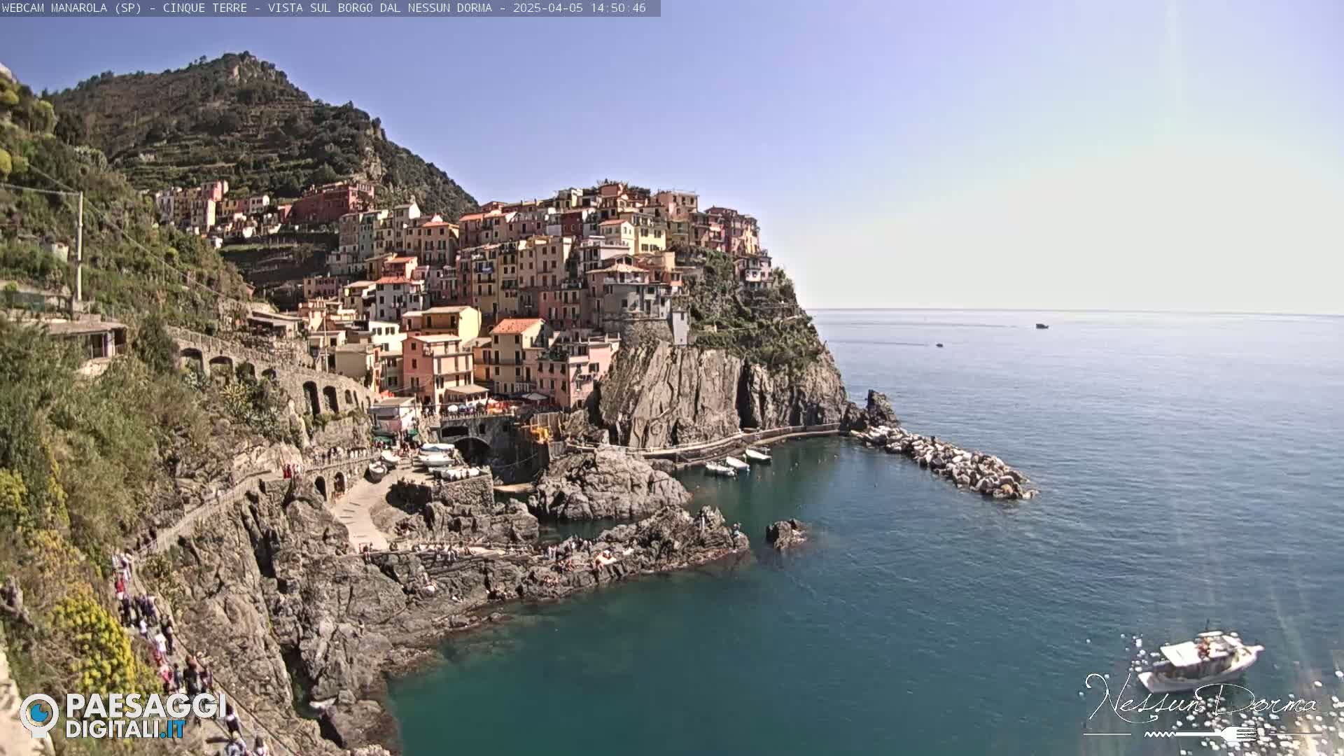 A colorful village clings to a steep cliffside overlooking a calm, blue sea on a sunny day.