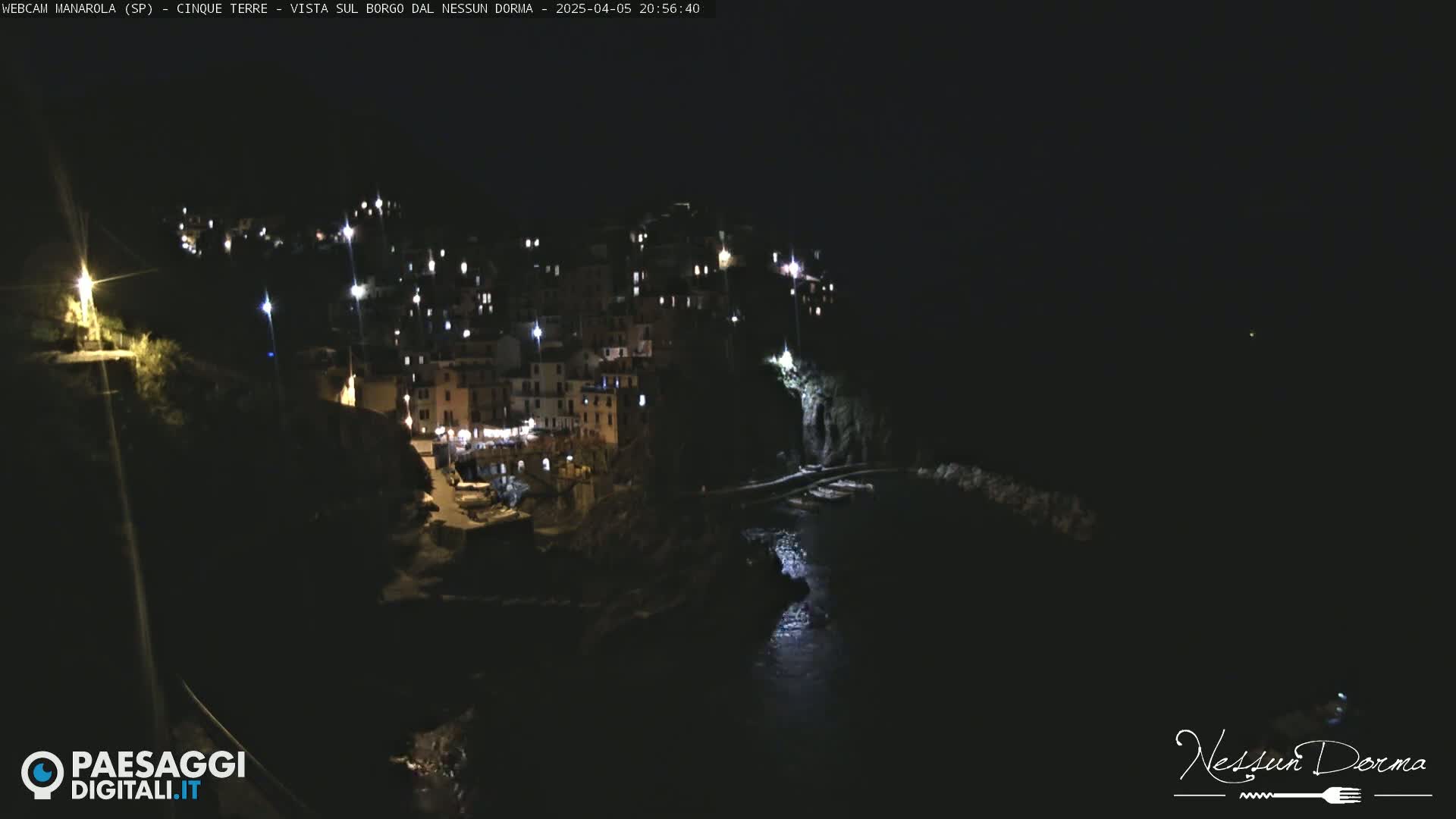 A nighttime view of a coastal town illuminated by lights, nestled on a dark cliffside overlooking calm water.