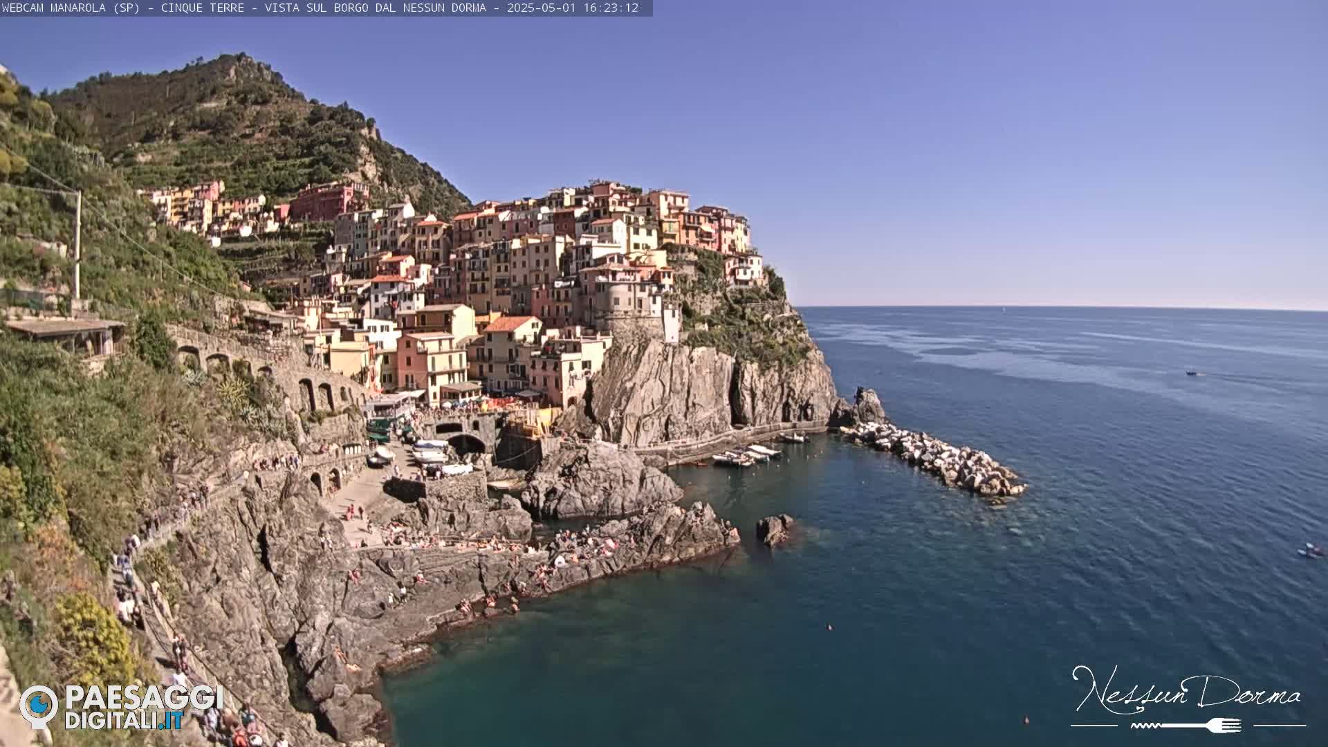 A picturesque coastal village clings to a rocky cliffside overlooking a calm, blue sea on a sunny day.