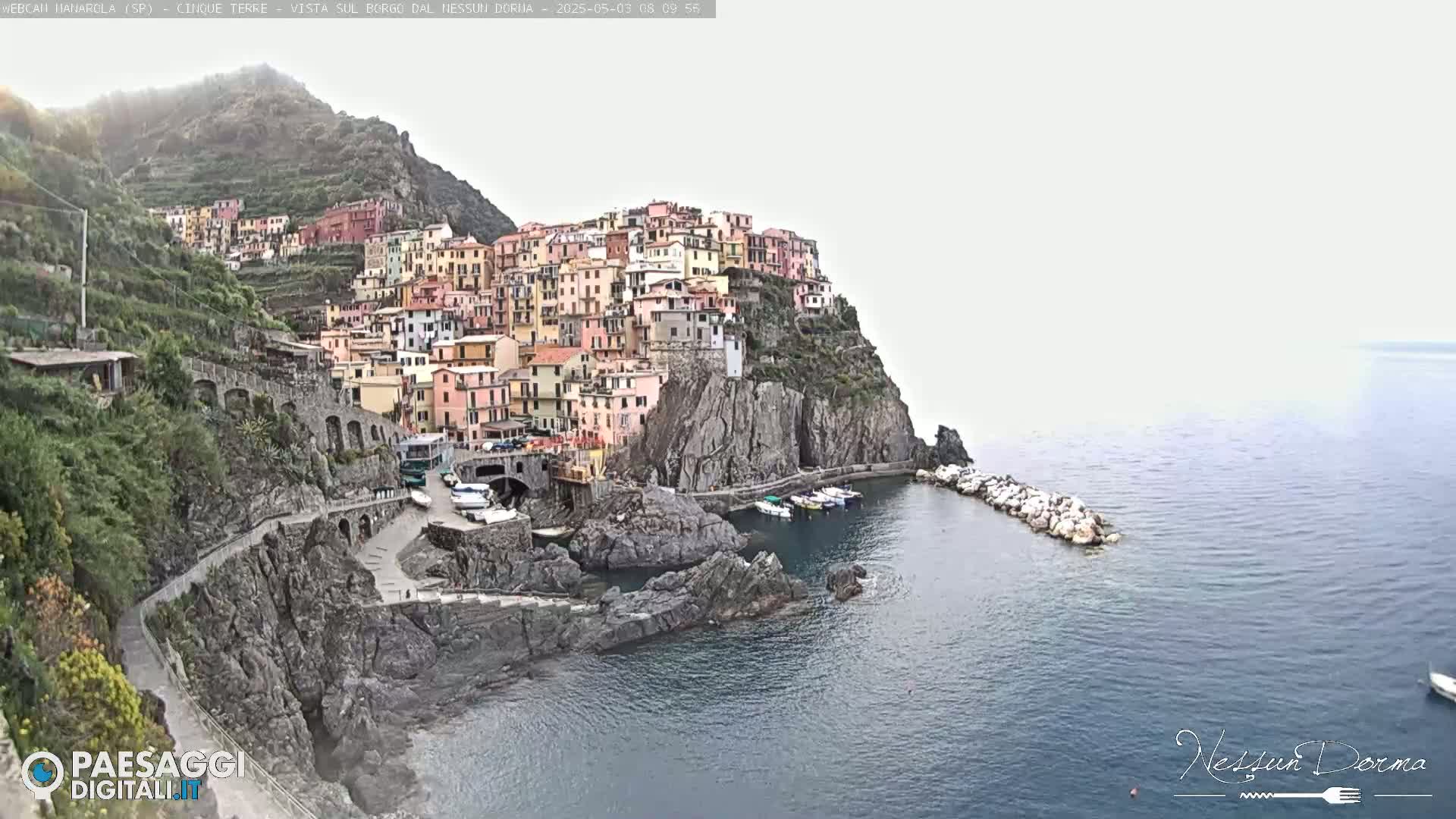 A colorful village clings to a steep, rocky hillside overlooking a calm sea under an overcast sky.