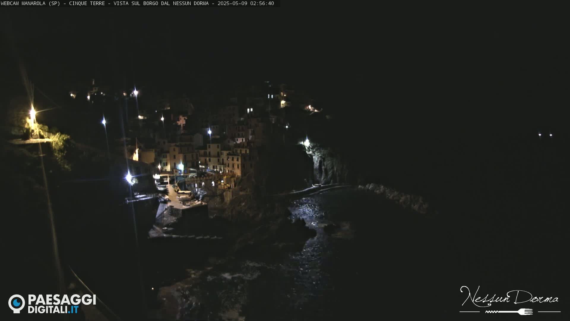 A nighttime, seaside village with sparsely lit buildings clings to a dark cliffside overlooking a calm, dark body of water.