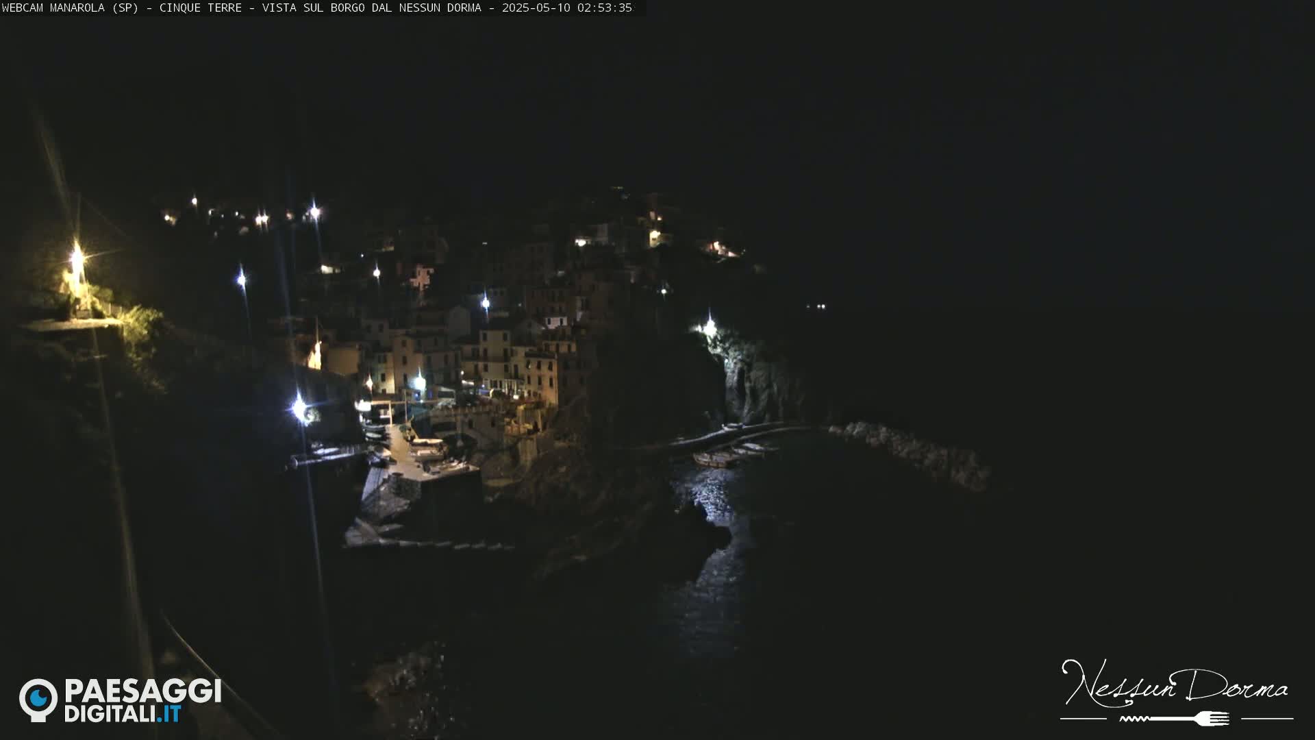 A nighttime, coastal village with dimly lit buildings clings to a dark hillside overlooking a calm body of water.