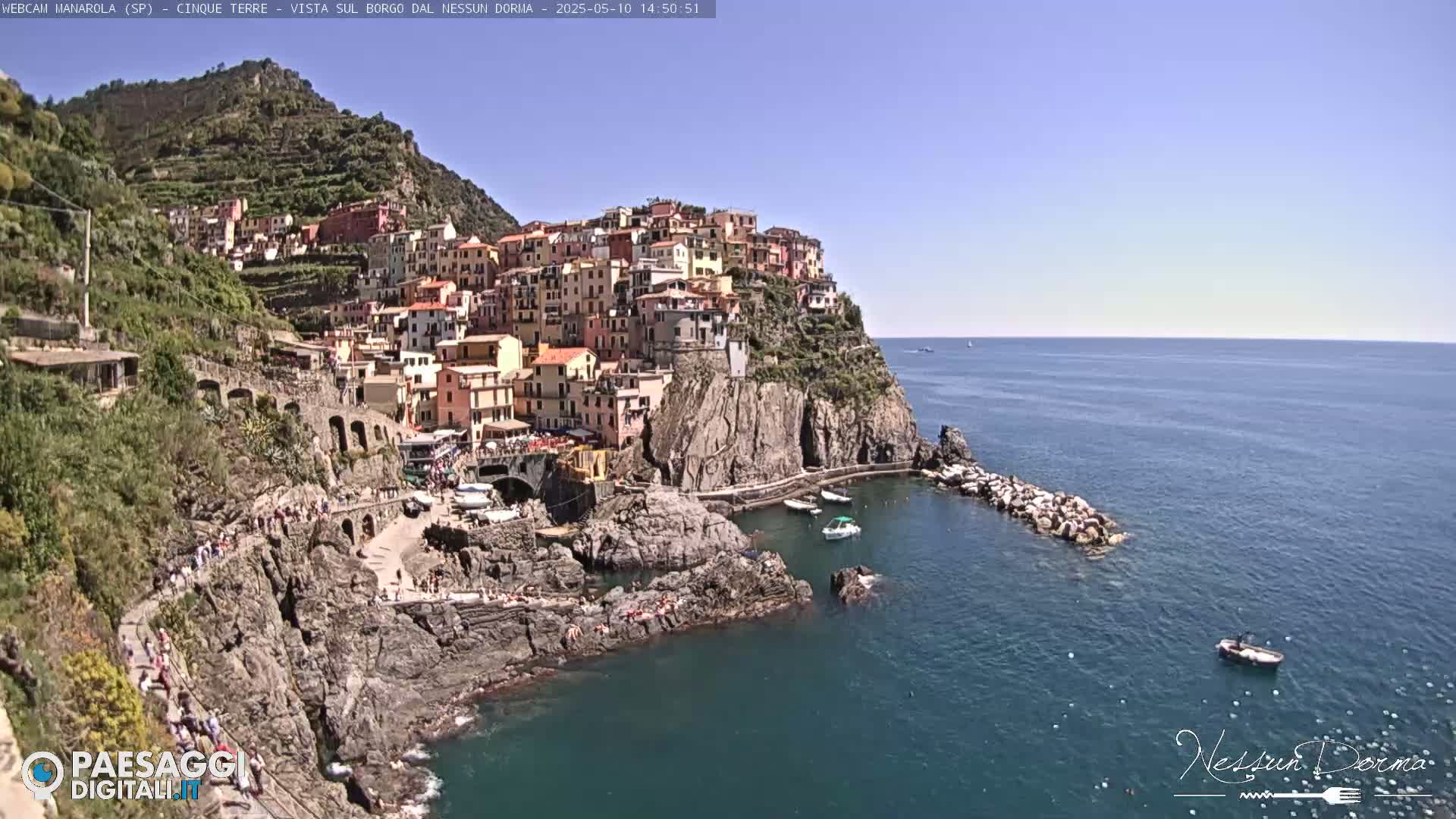 A colorful village clings to a steep cliffside overlooking a calm blue sea on a sunny day.