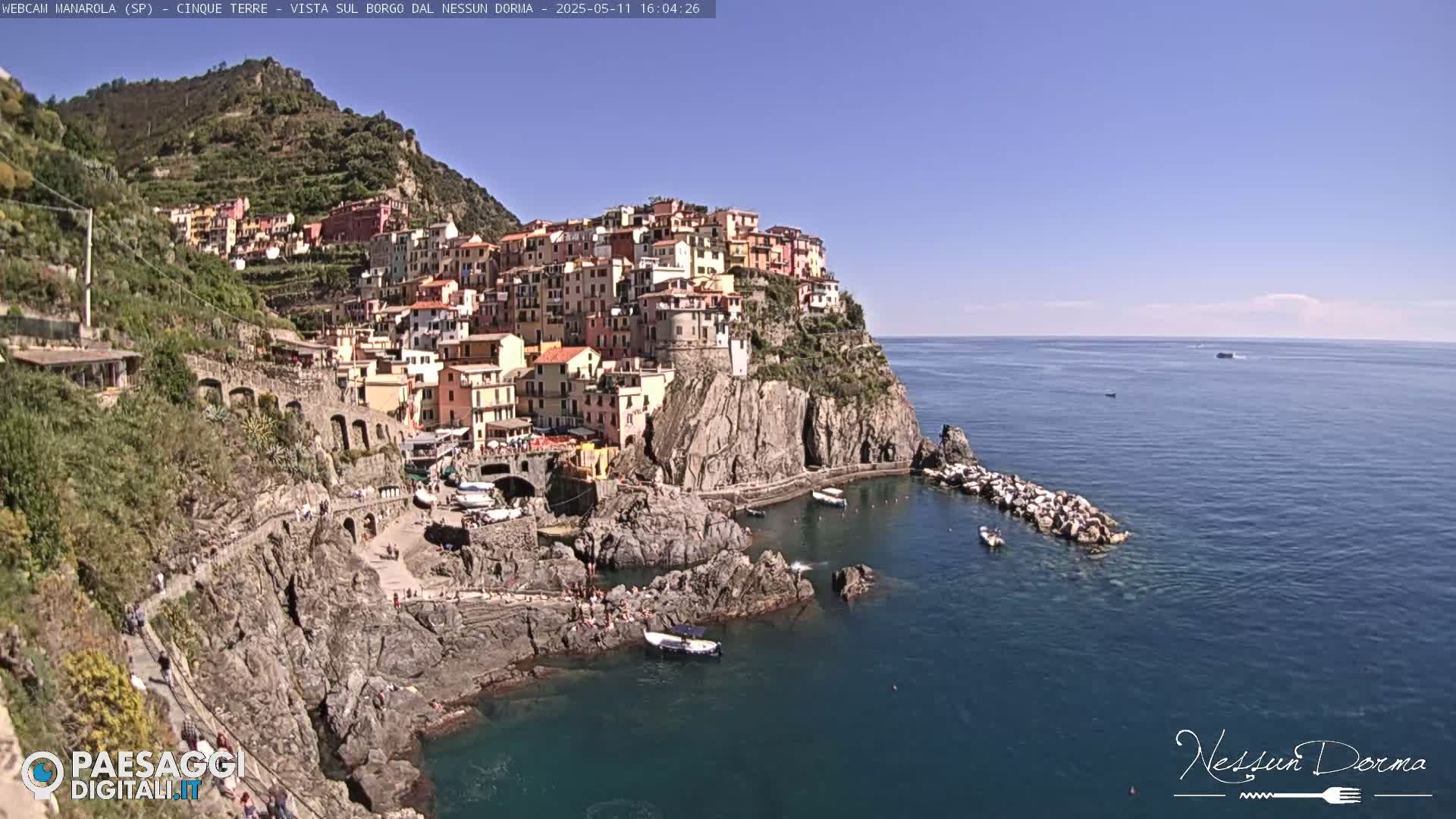 A colorful village clings to a rocky cliffside overlooking a calm blue sea under a clear sky.