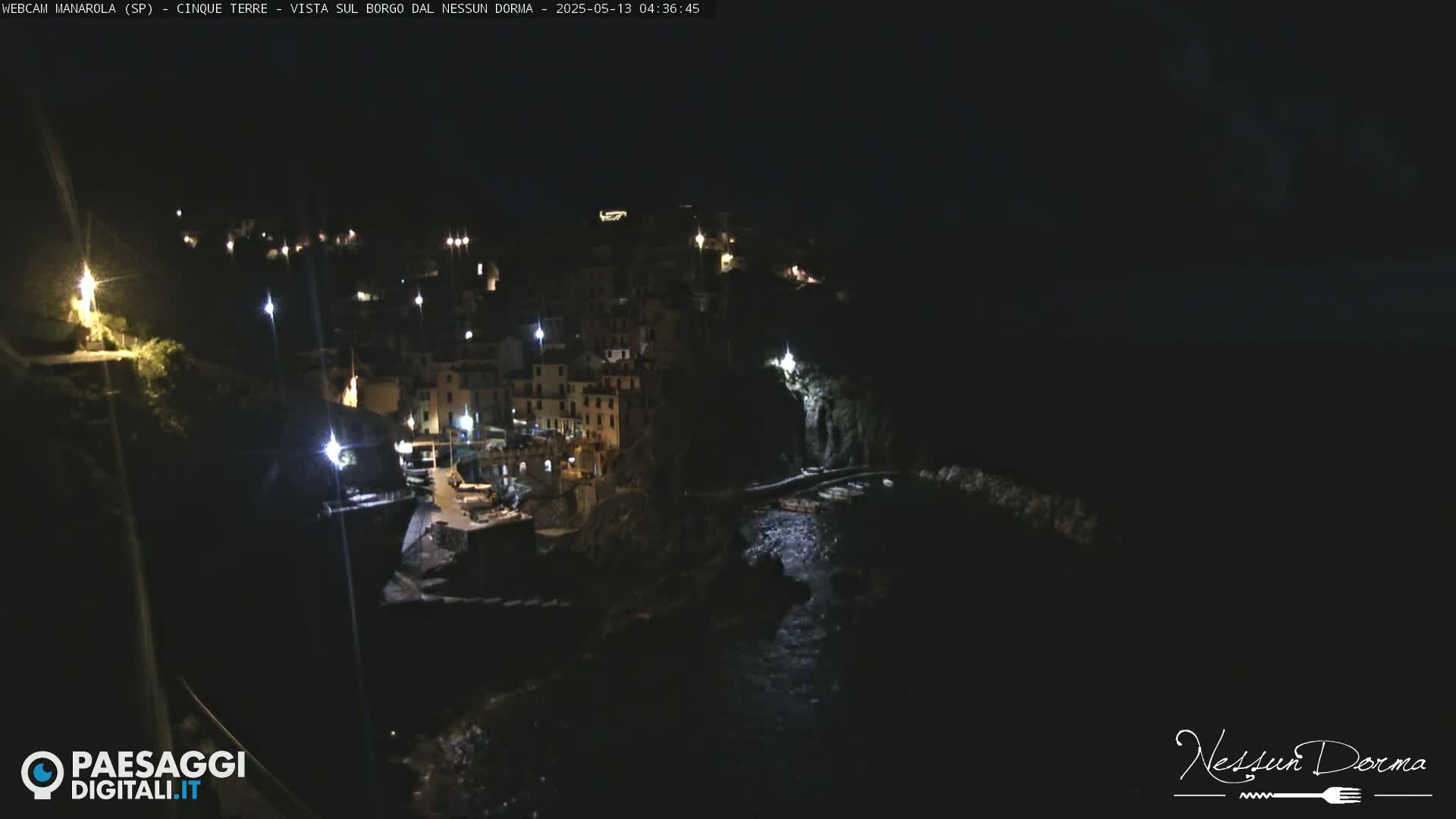 A nighttime coastal village is illuminated by artificial lights, with dark water visible below.