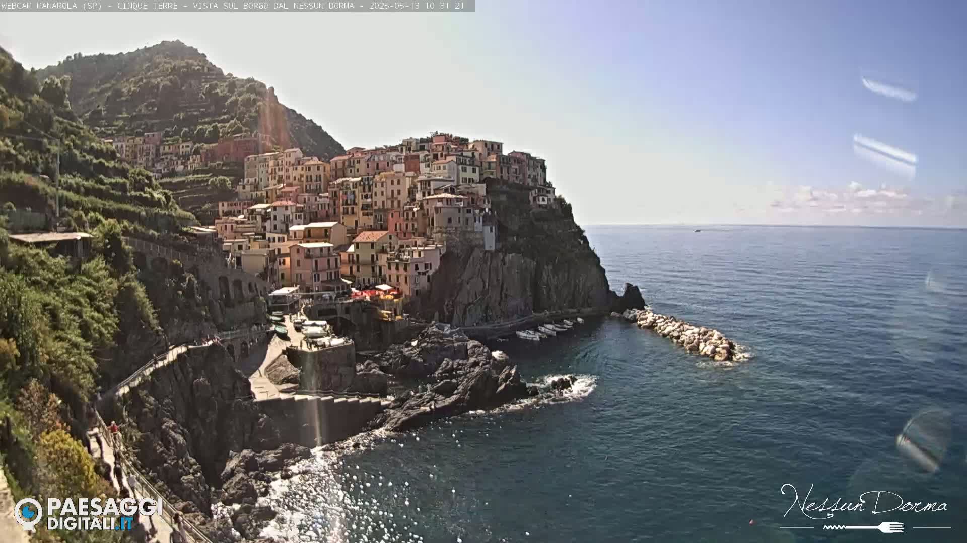 A colorful village clings to a steep cliffside overlooking a calm, blue sea on a sunny day.