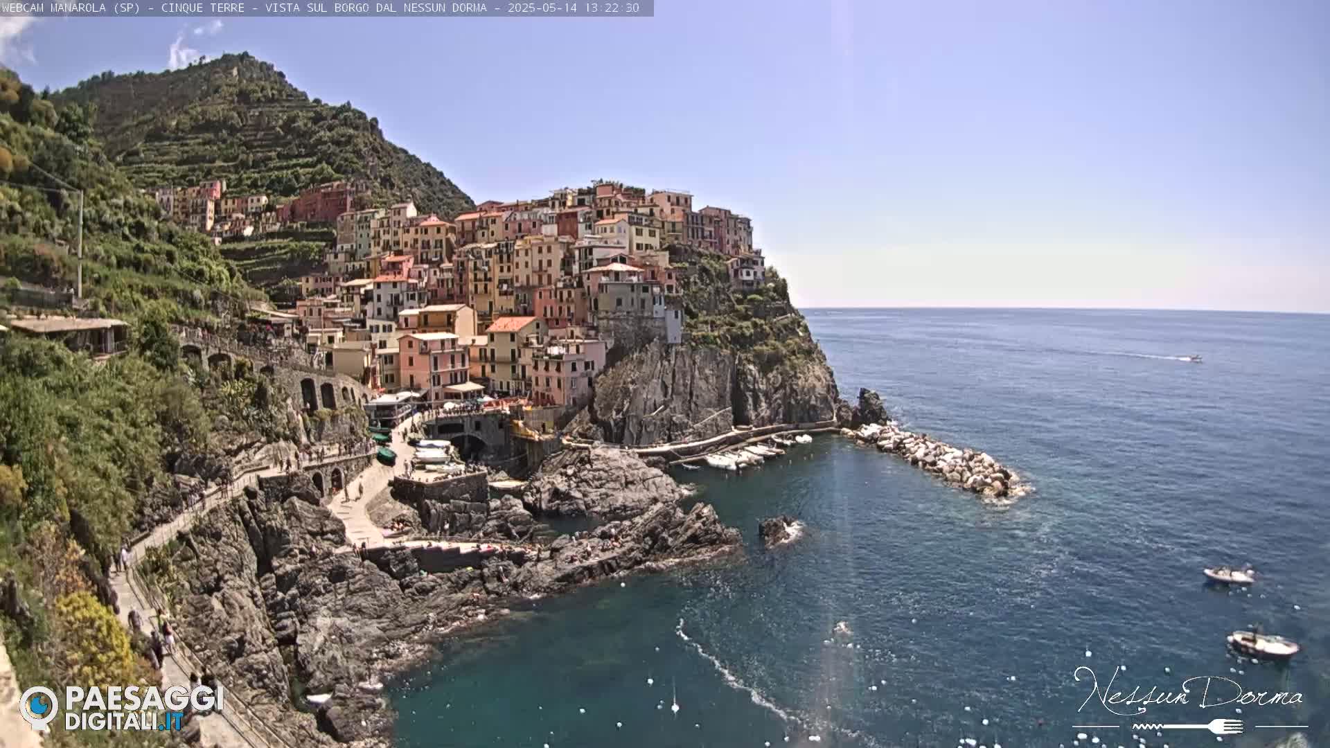 A colorful village clings to a steep cliffside overlooking a calm, blue sea on a sunny day.