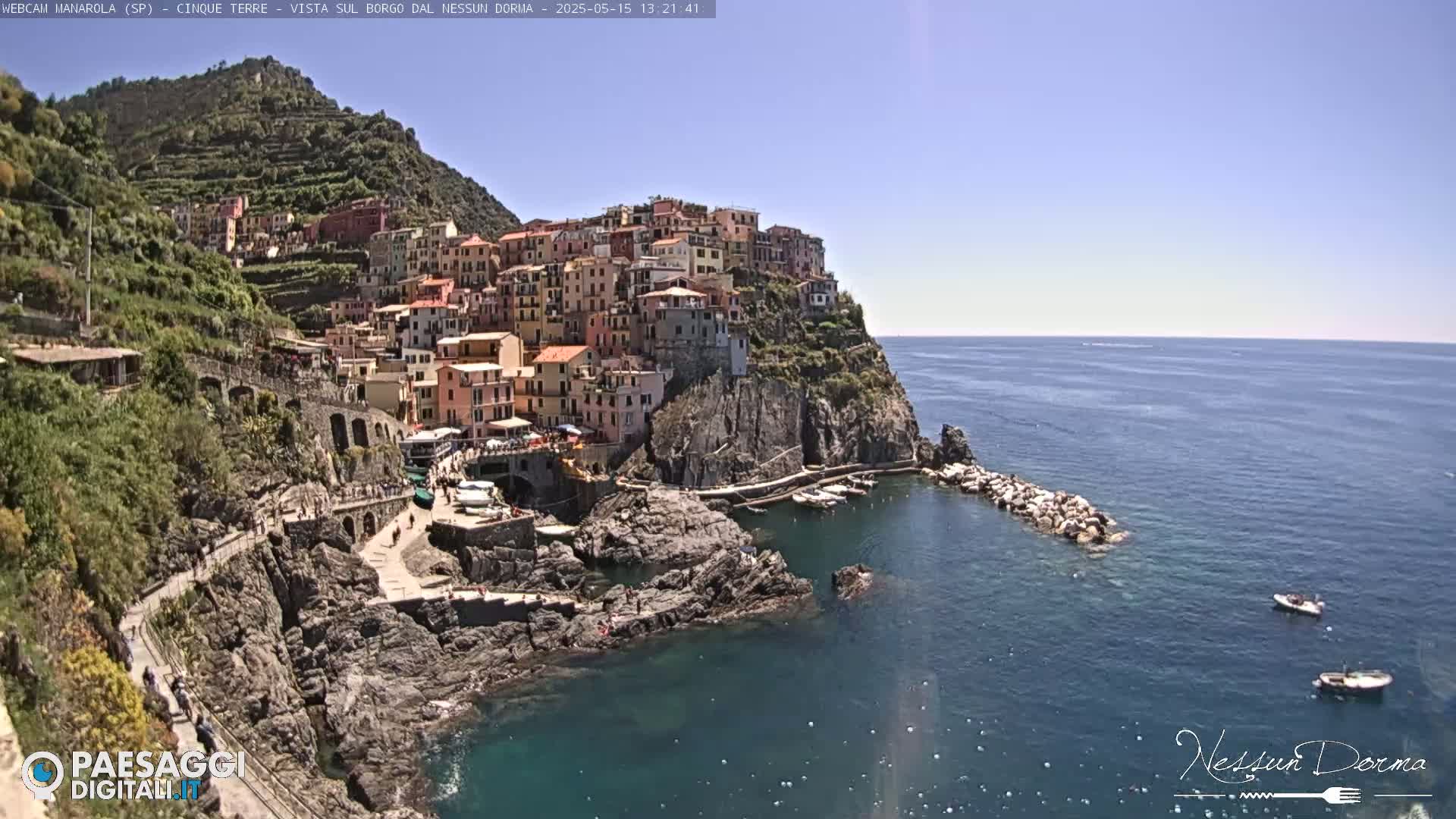A picturesque coastal village clings to a steep cliffside overlooking a calm, blue sea on a sunny day.