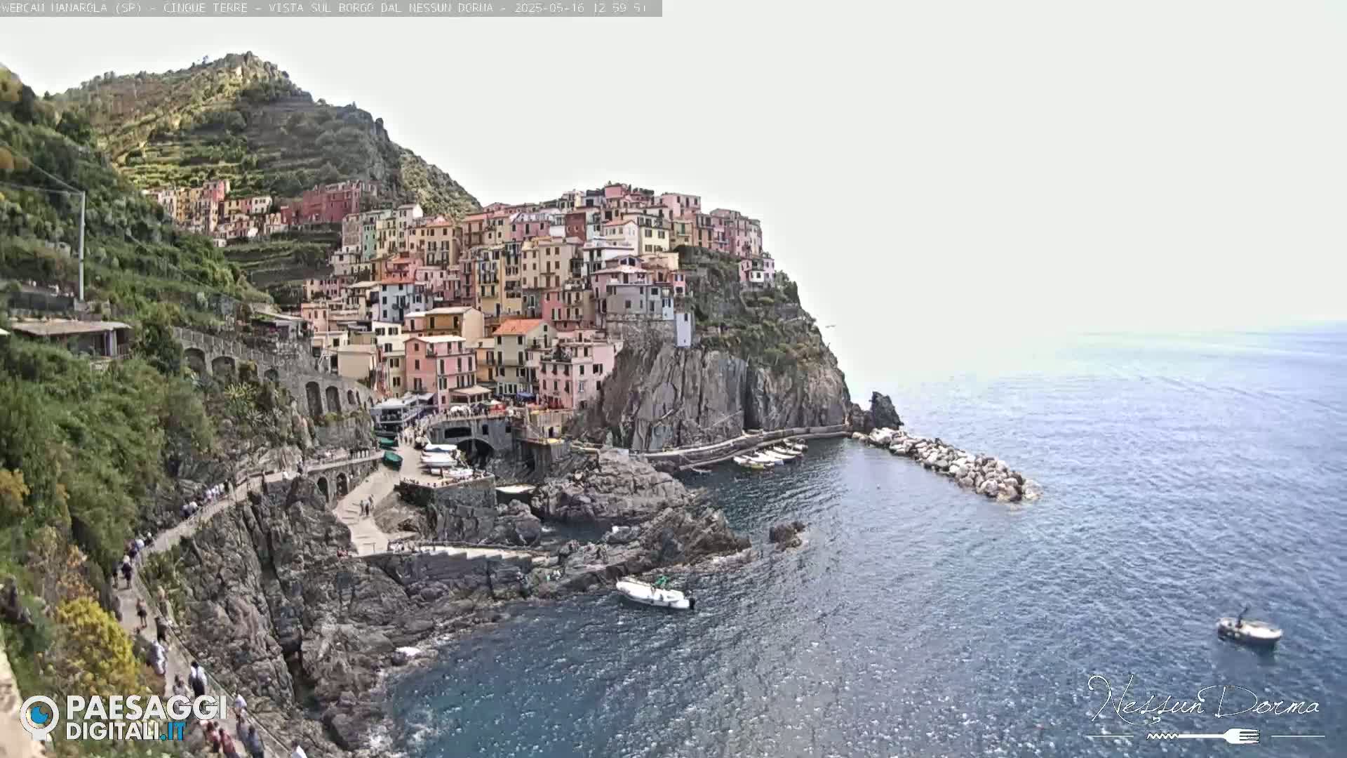 A colorful village clings to a steep cliffside overlooking a calm sea, with boats visible in the harbor.